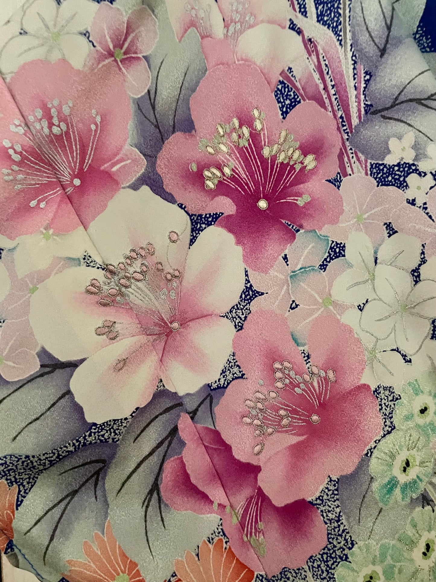 Azure Blue with Japanese Floral Full Length Dress