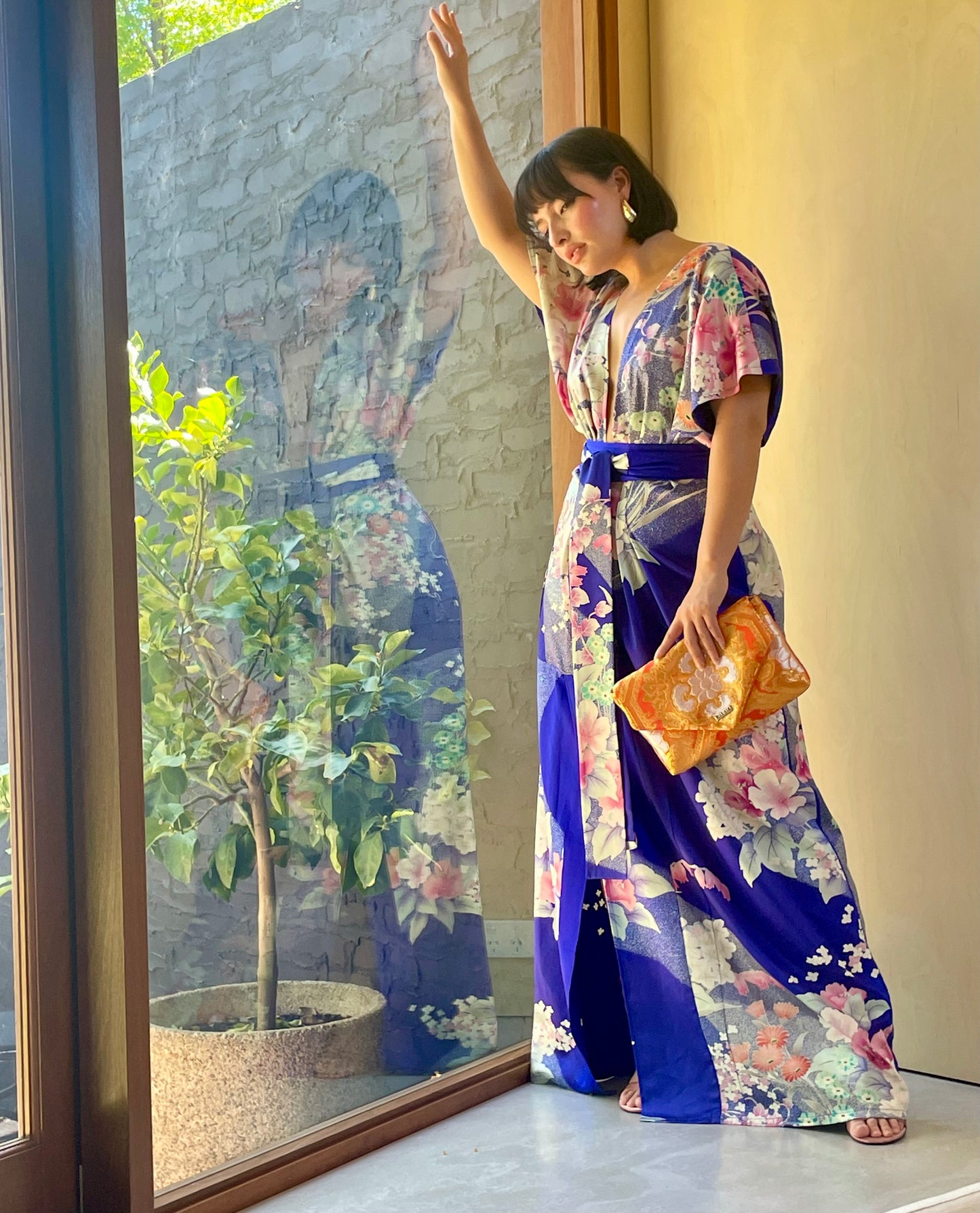 Azure Blue with Japanese Floral Full Length Dress