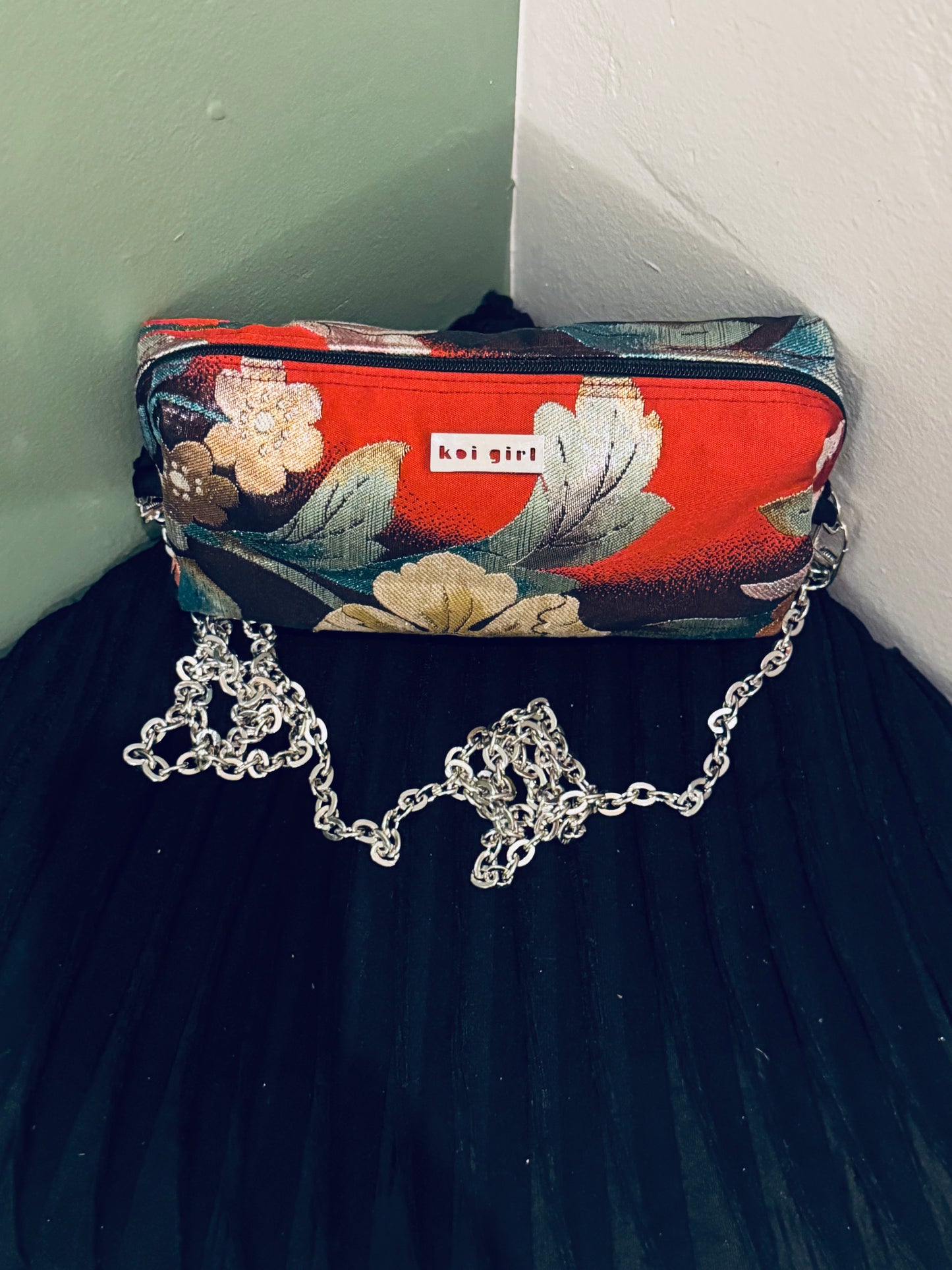 Red with Metallic Floral Crossbody Purse
