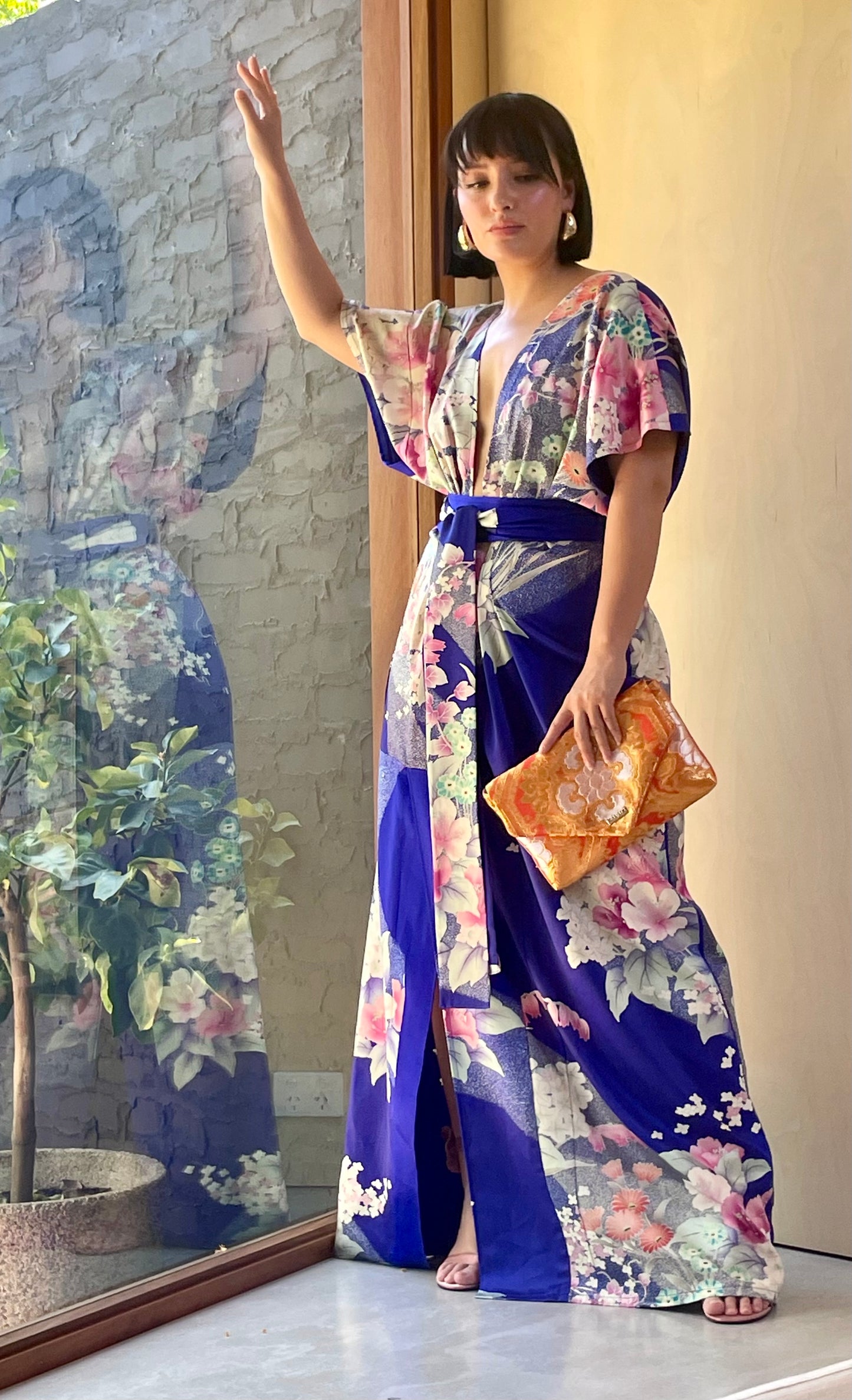 Azure Blue with Japanese Floral Full Length Dress