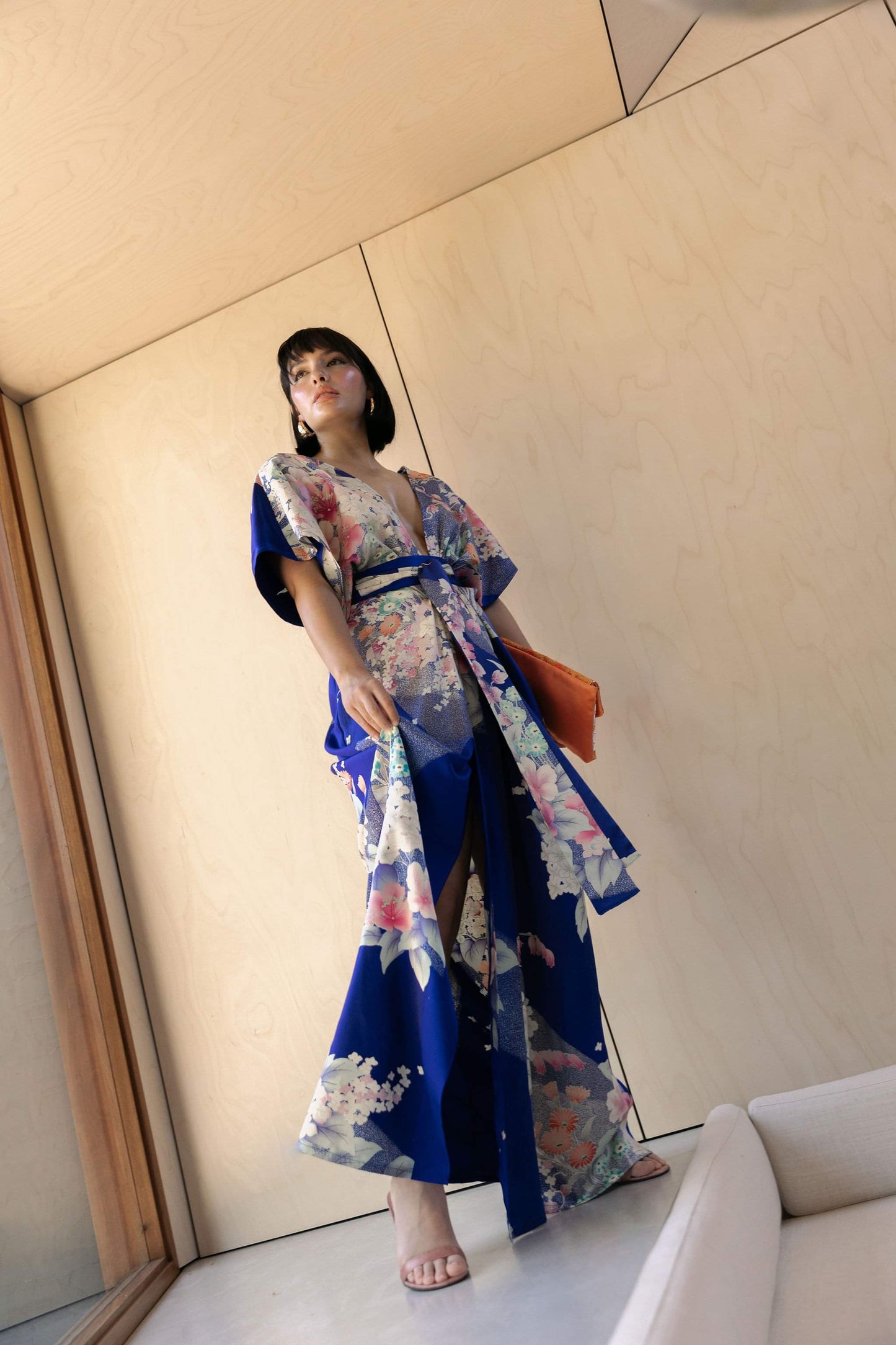 Azure Blue with Japanese Floral Full Length Dress