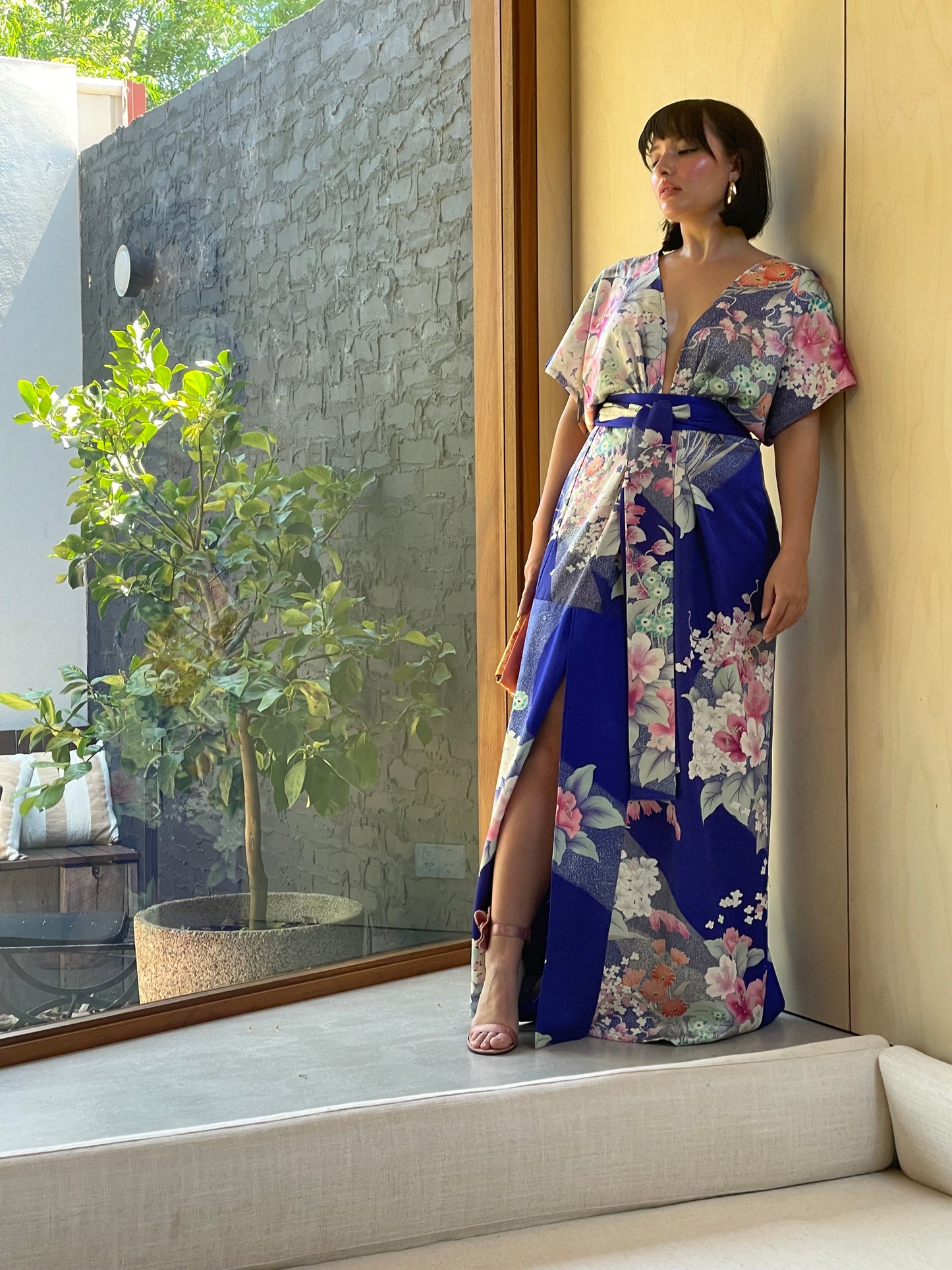 Azure Blue with Japanese Floral Full Length Dress