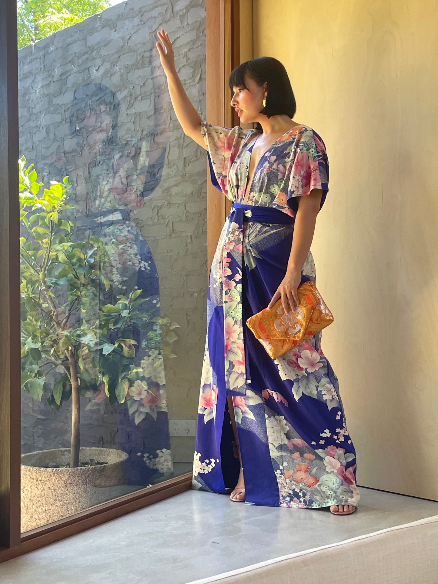 Azure Blue with Japanese Floral Full Length Dress