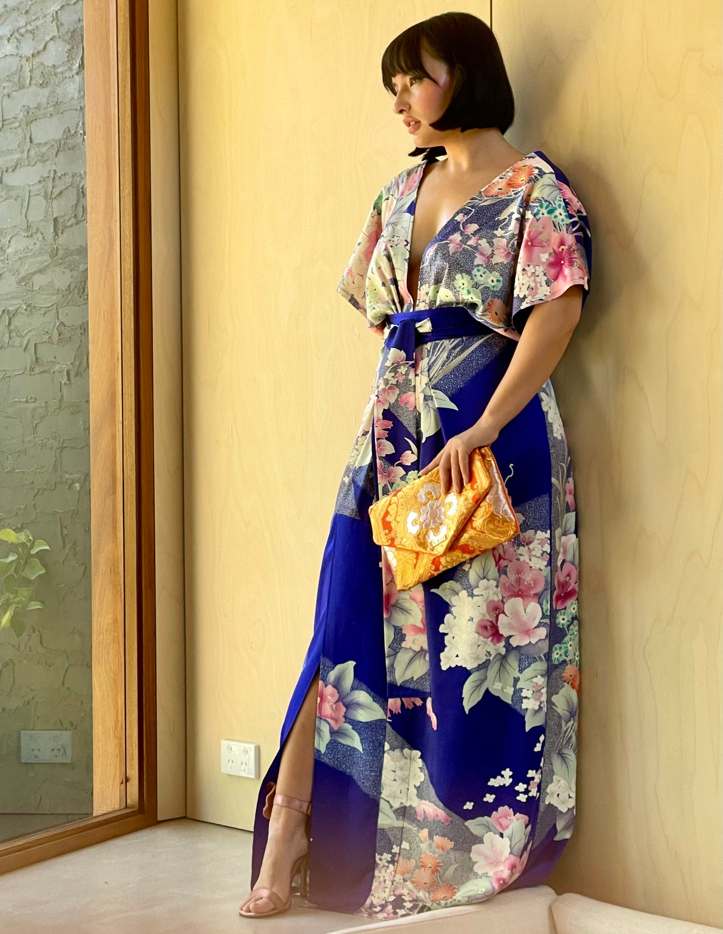 Azure Blue with Japanese Floral Full Length Dress