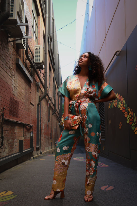 Aqua and Gold Blossoms Kimono Jumpsuit