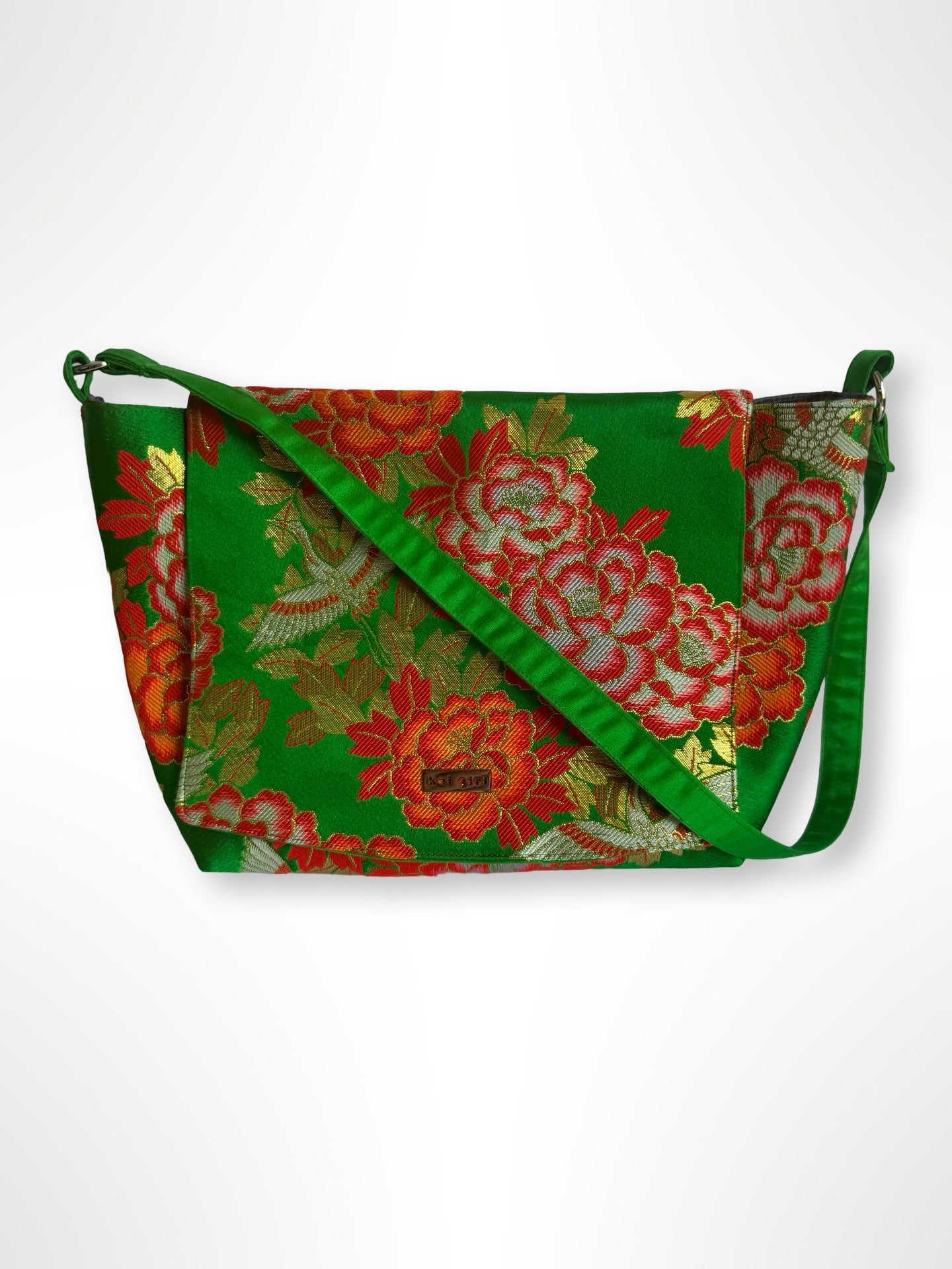 Emerald Green with Peonies Shoulder Bag