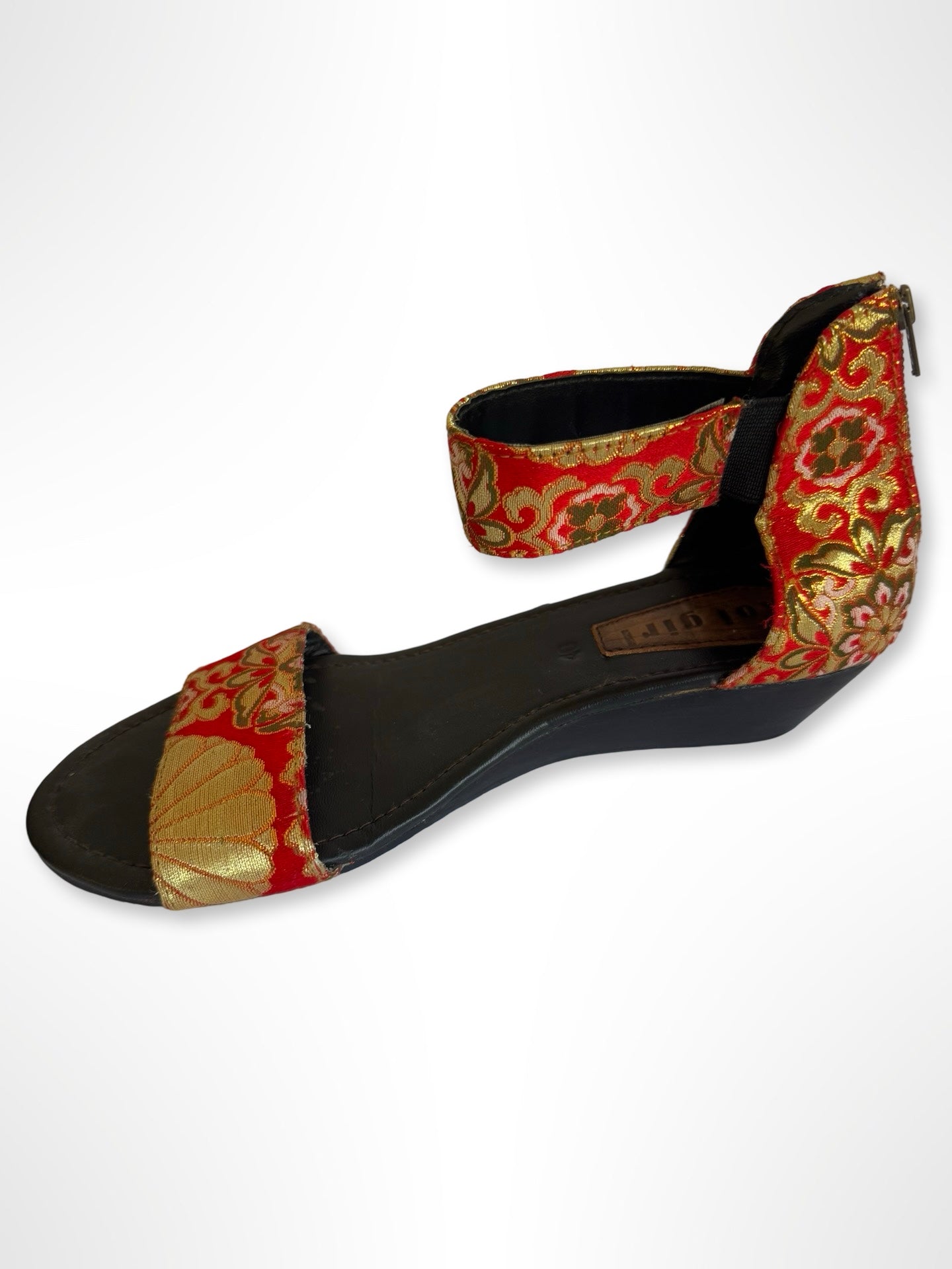 Red and Metallic Gold Floral Wedge Sandals