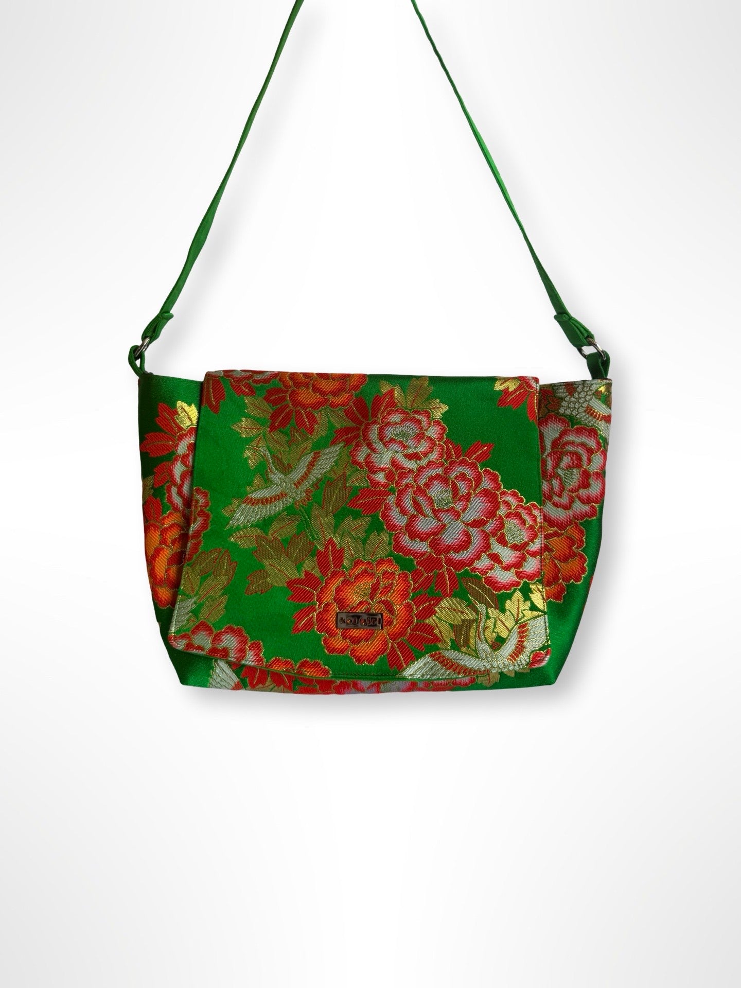 Emerald Green with Peonies Shoulder Bag