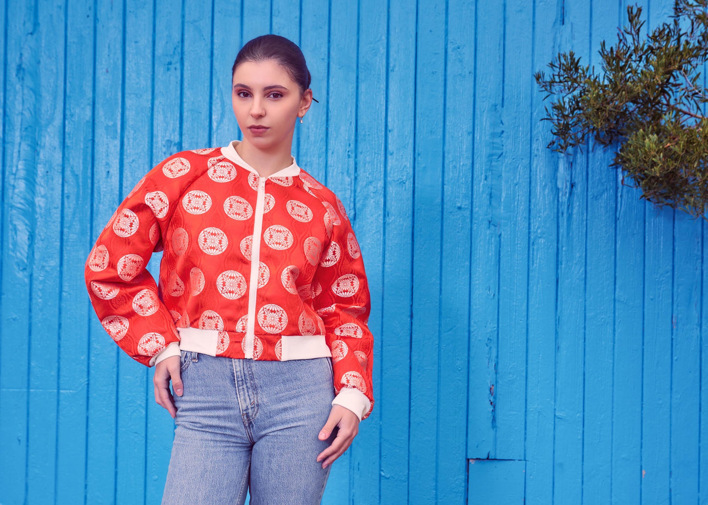 Orange Floral Crests Crop Bomber Jacket