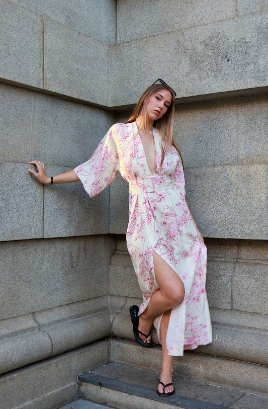 Ivory and Pink Japanese Floral Maxi Dress