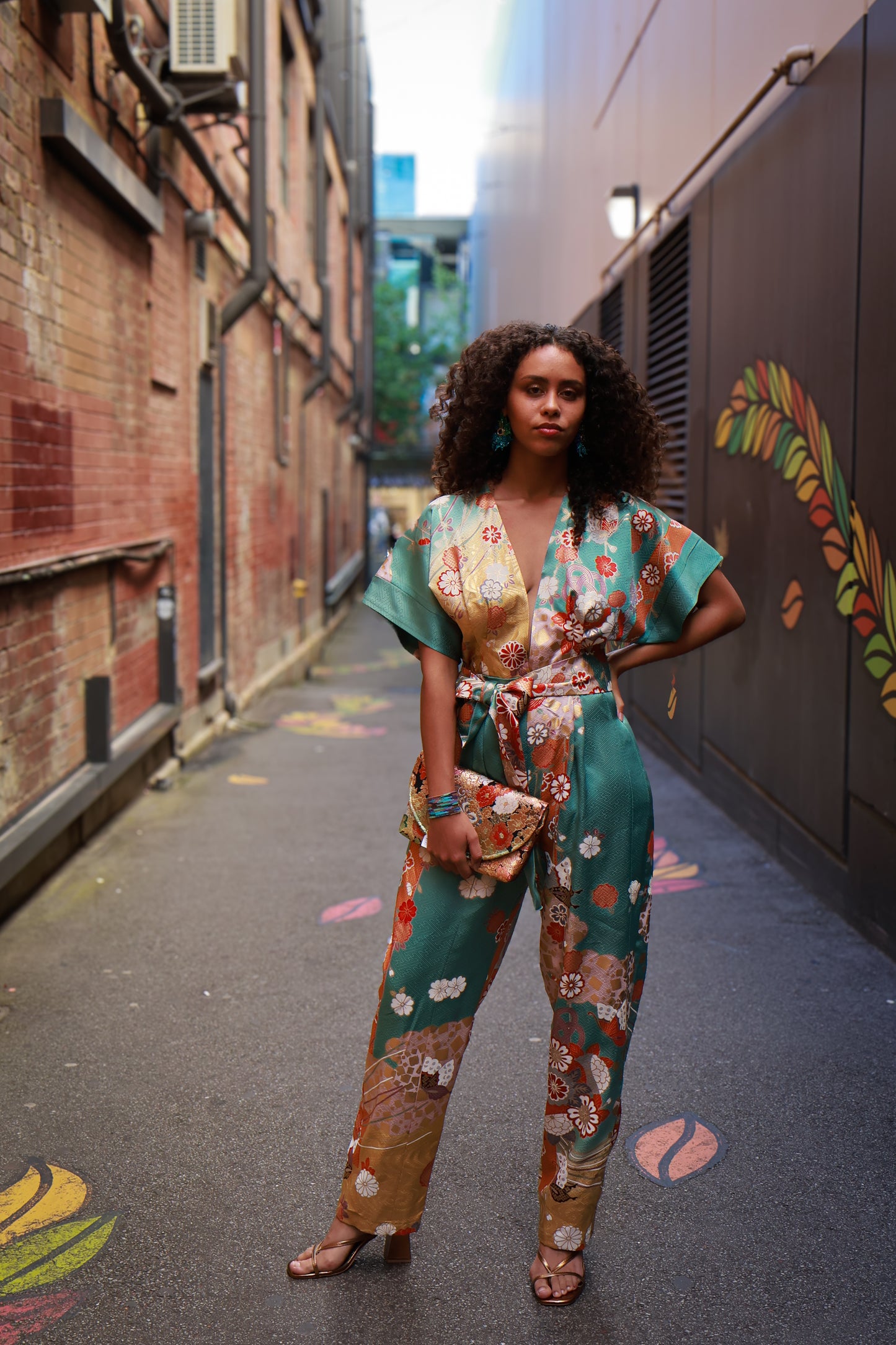 Aqua and Gold Blossoms Kimono Jumpsuit