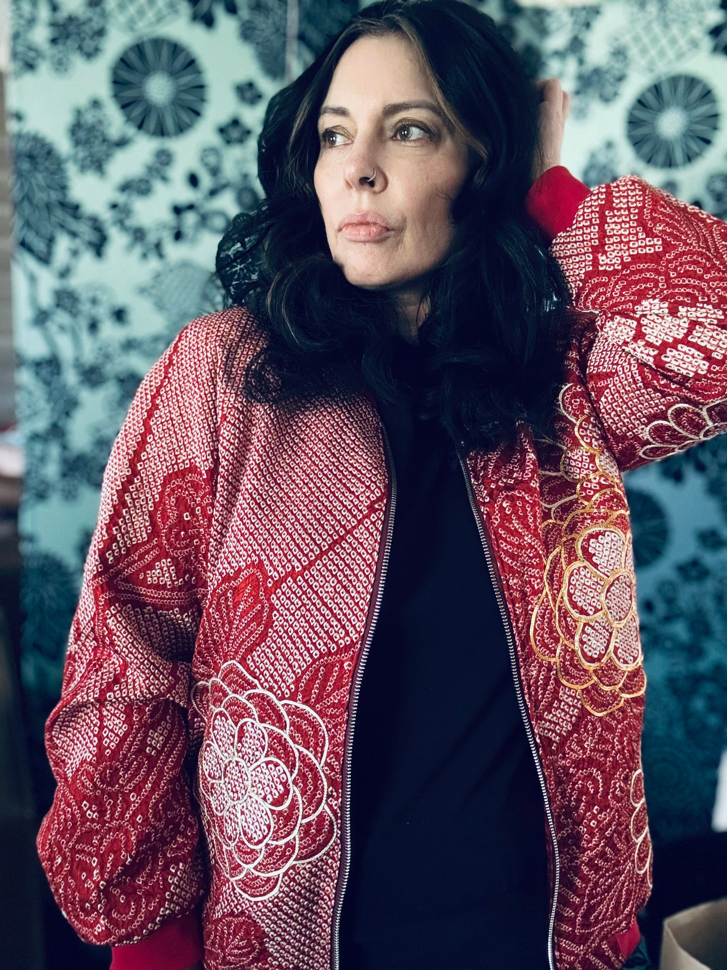 Red Shibori Floral Bomber Jacket