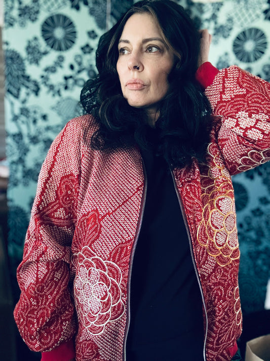 Red Shibori Floral Bomber Jacket