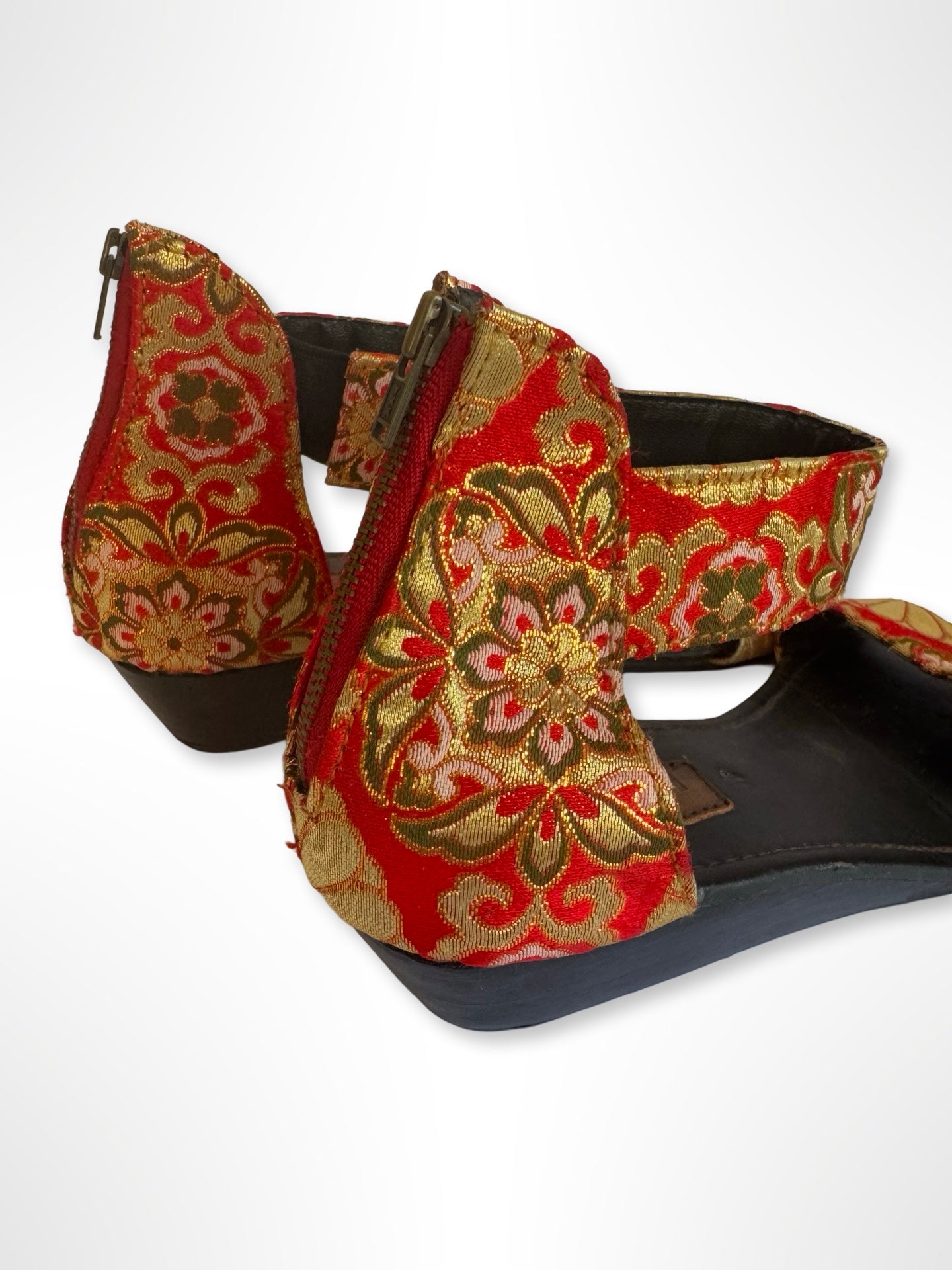 Red and Metallic Gold Floral Wedge Sandals