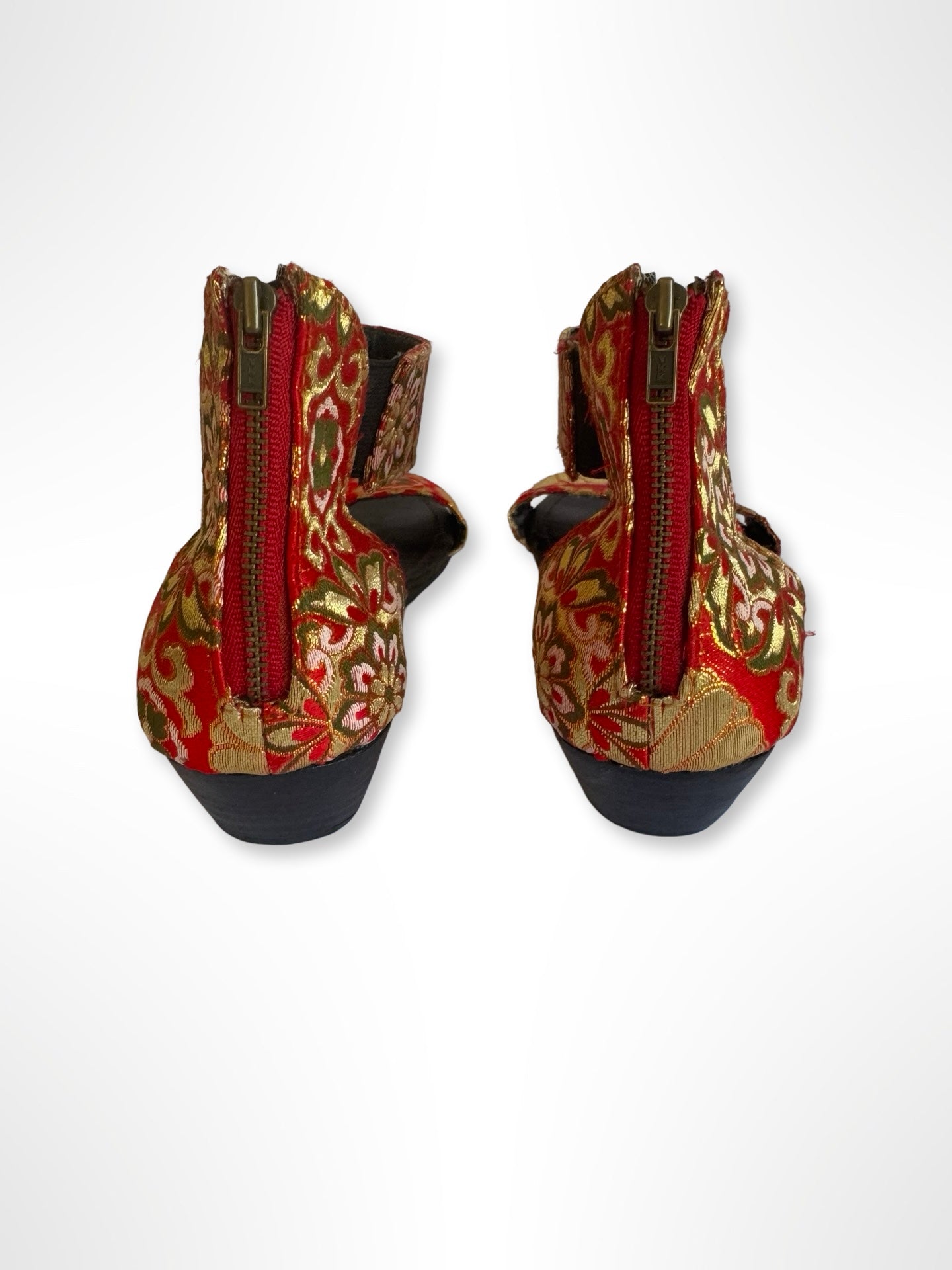 Red and Metallic Gold Floral Wedge Sandals