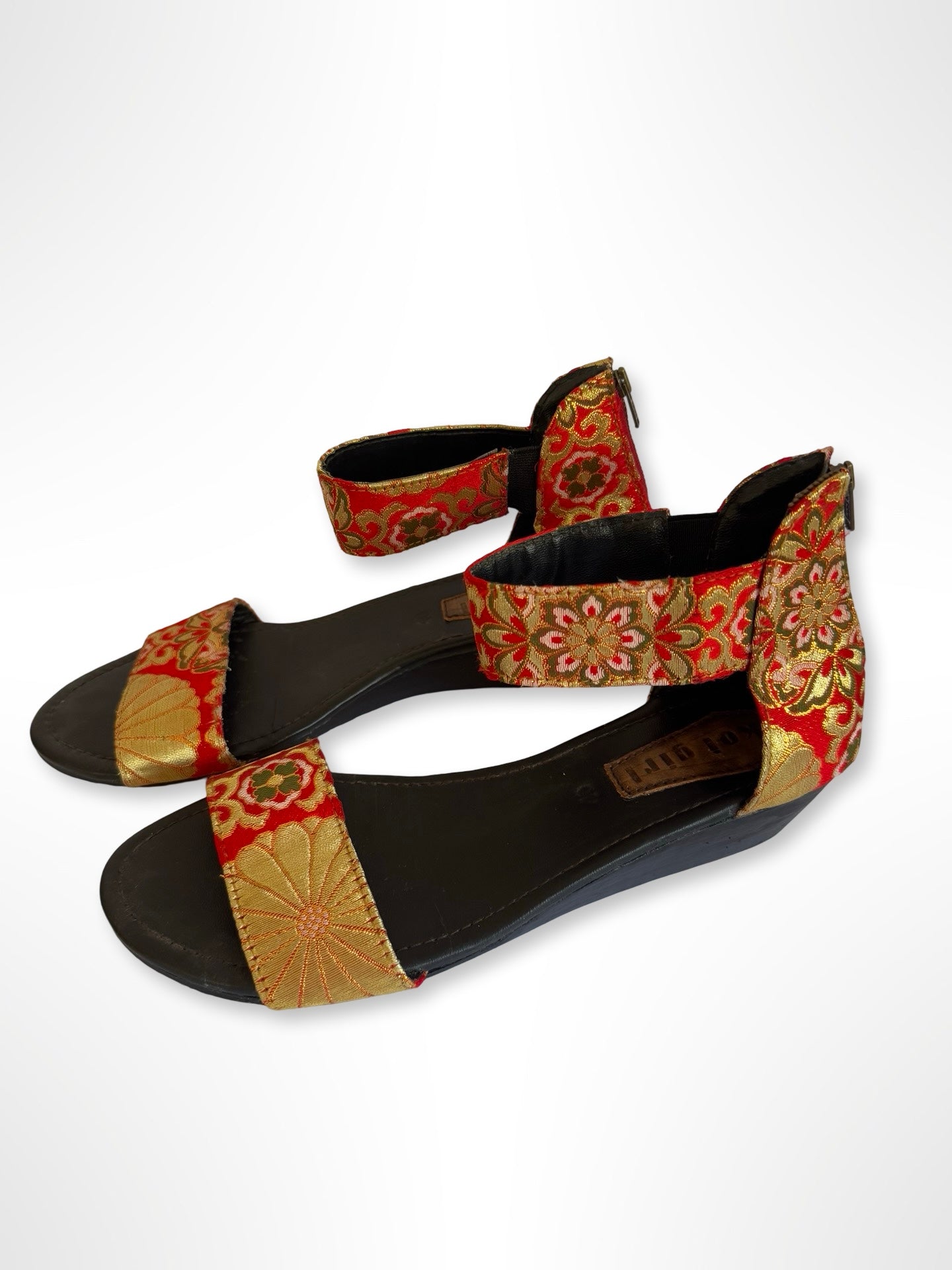 Red and Metallic Gold Floral Wedge Sandals