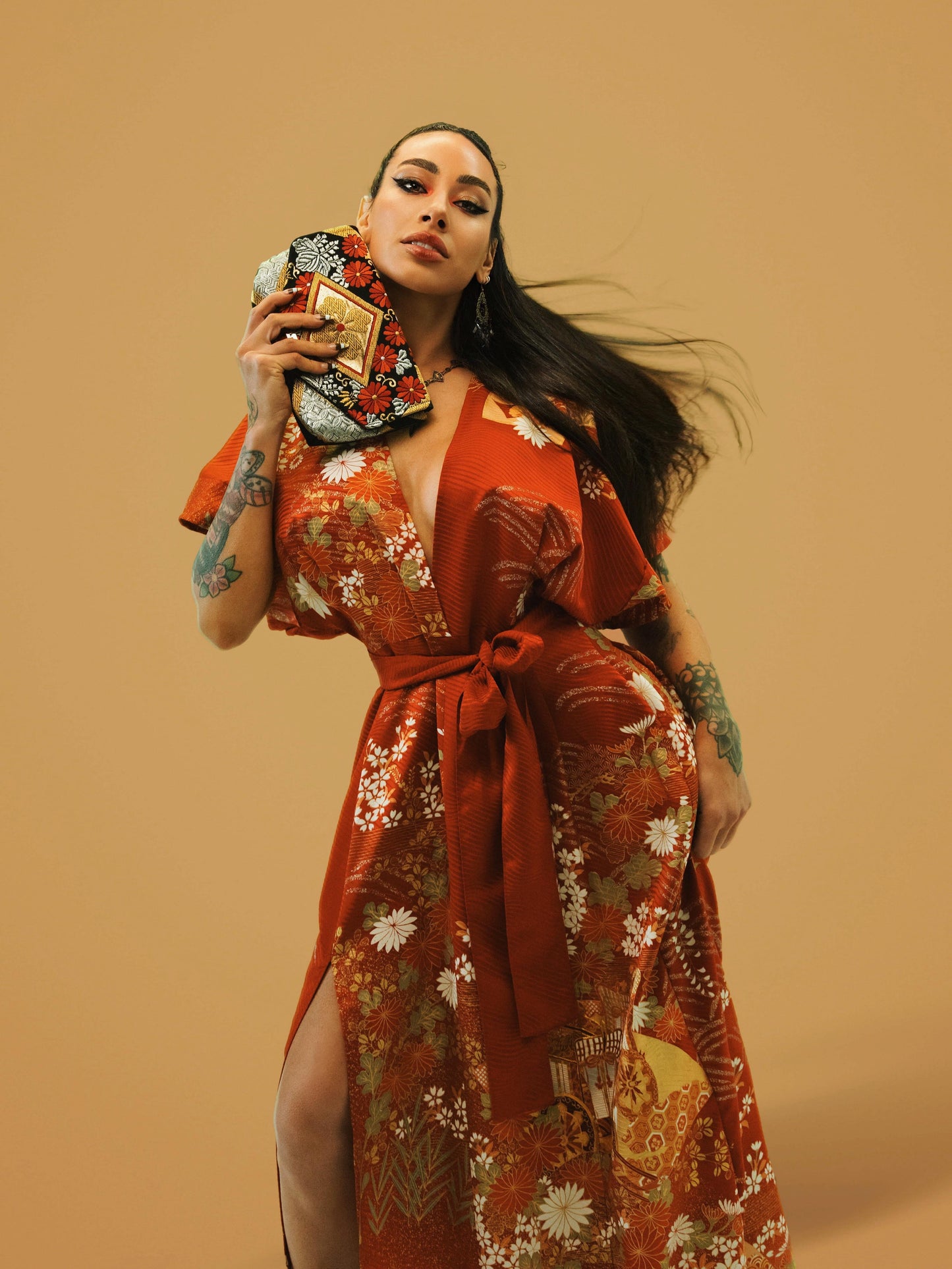 Burnt Red Floral Vintage Kimono Dress
