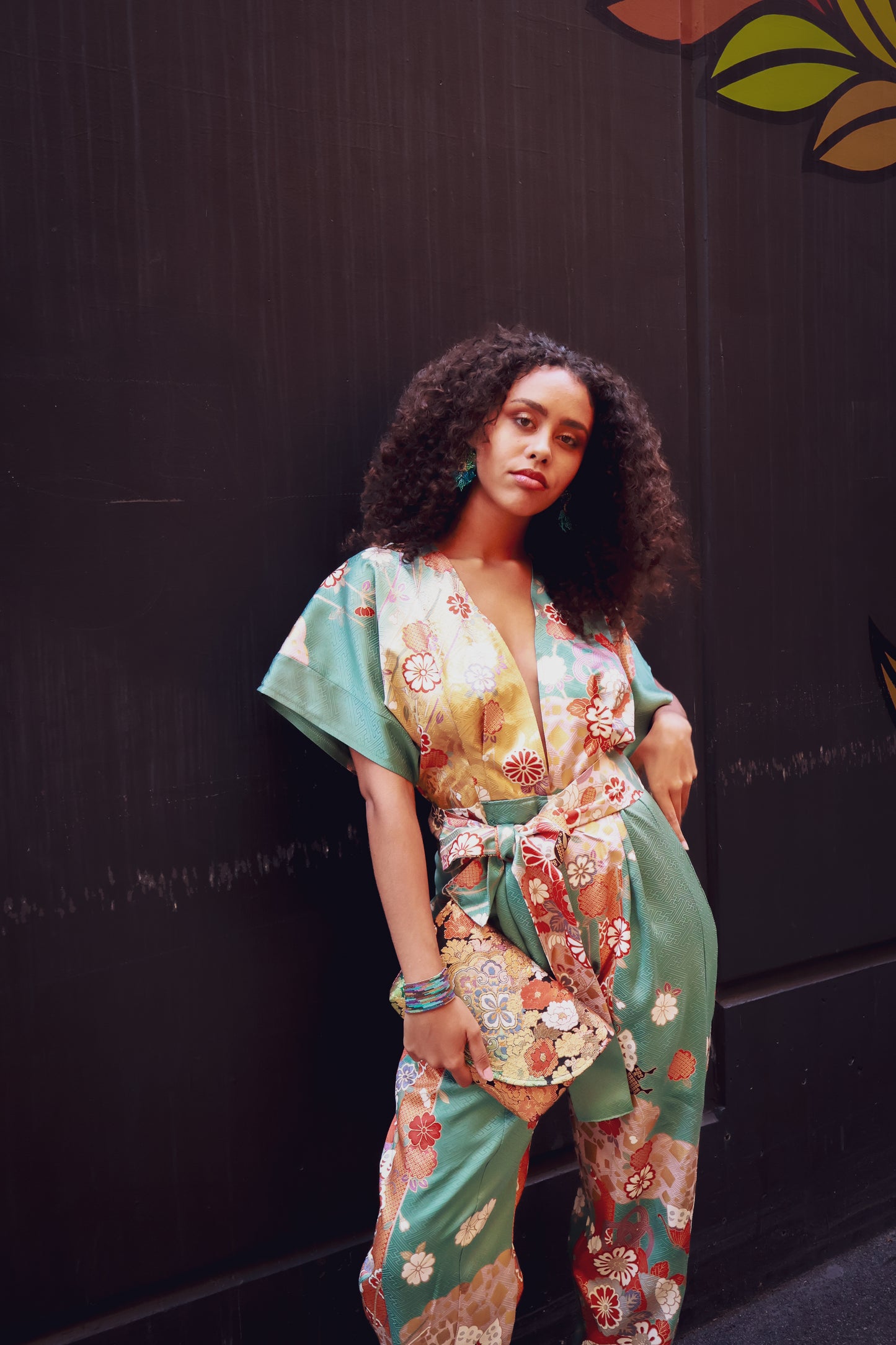 Aqua and Gold Blossoms Kimono Jumpsuit