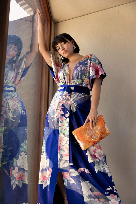 Azure Blue with Japanese Floral Full Length Dress