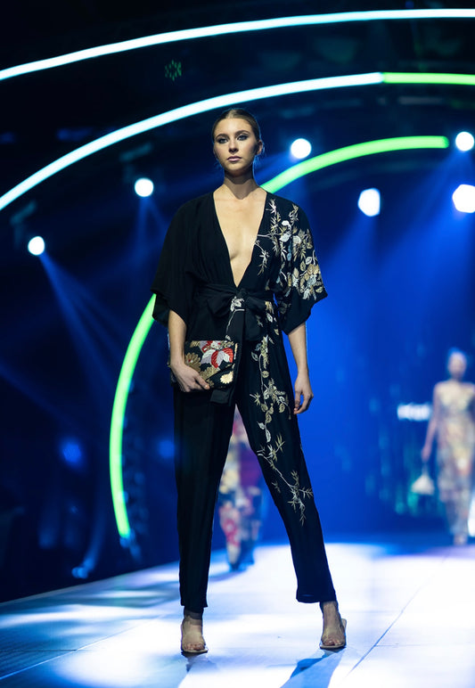 Black with Embroidered Metallic Floral Jumpsuit