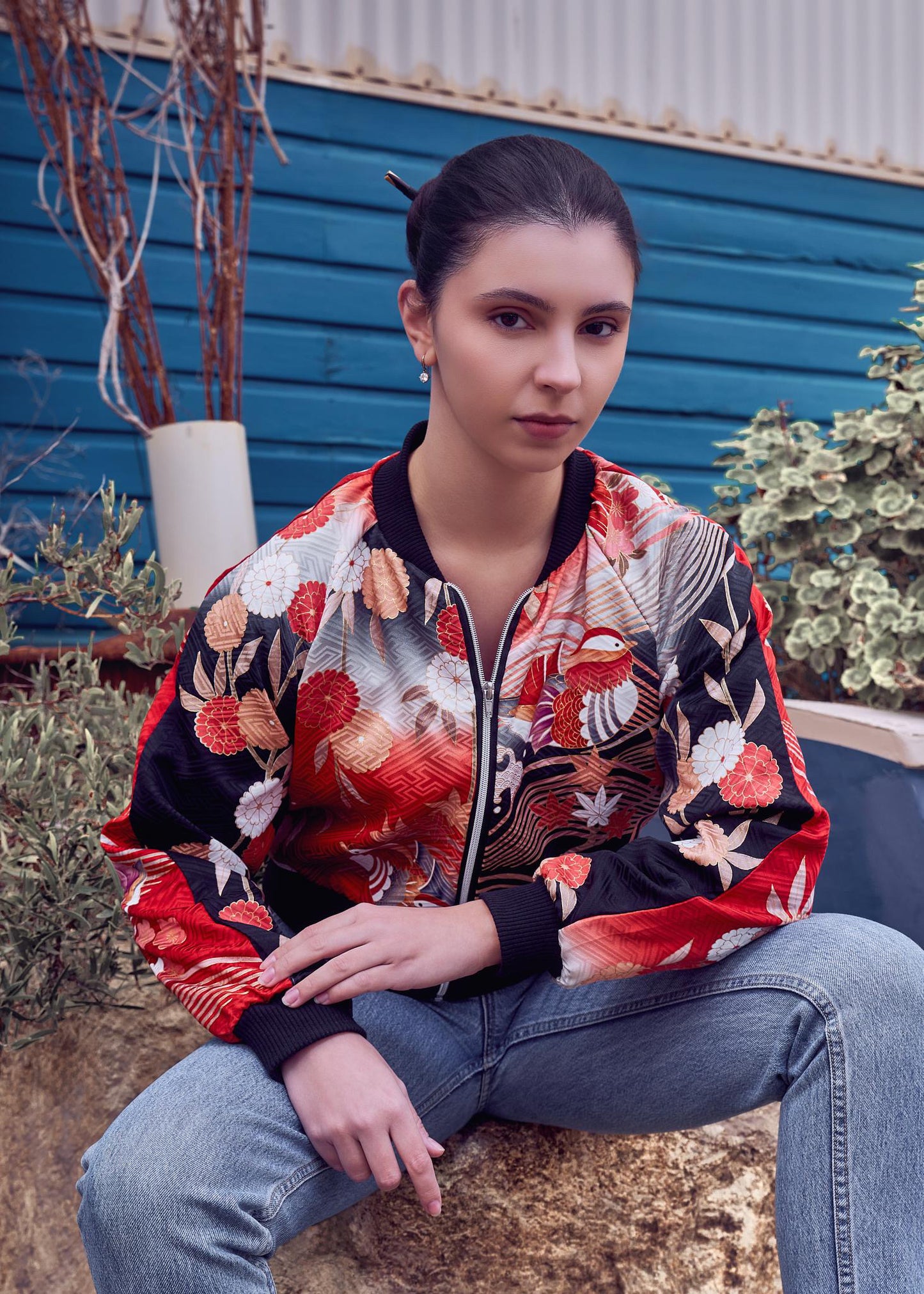 Chrysanthemum Crop Bomber Jacket