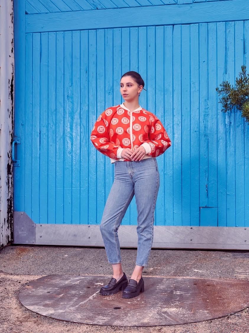 Orange Floral Crests Crop Bomber Jacket