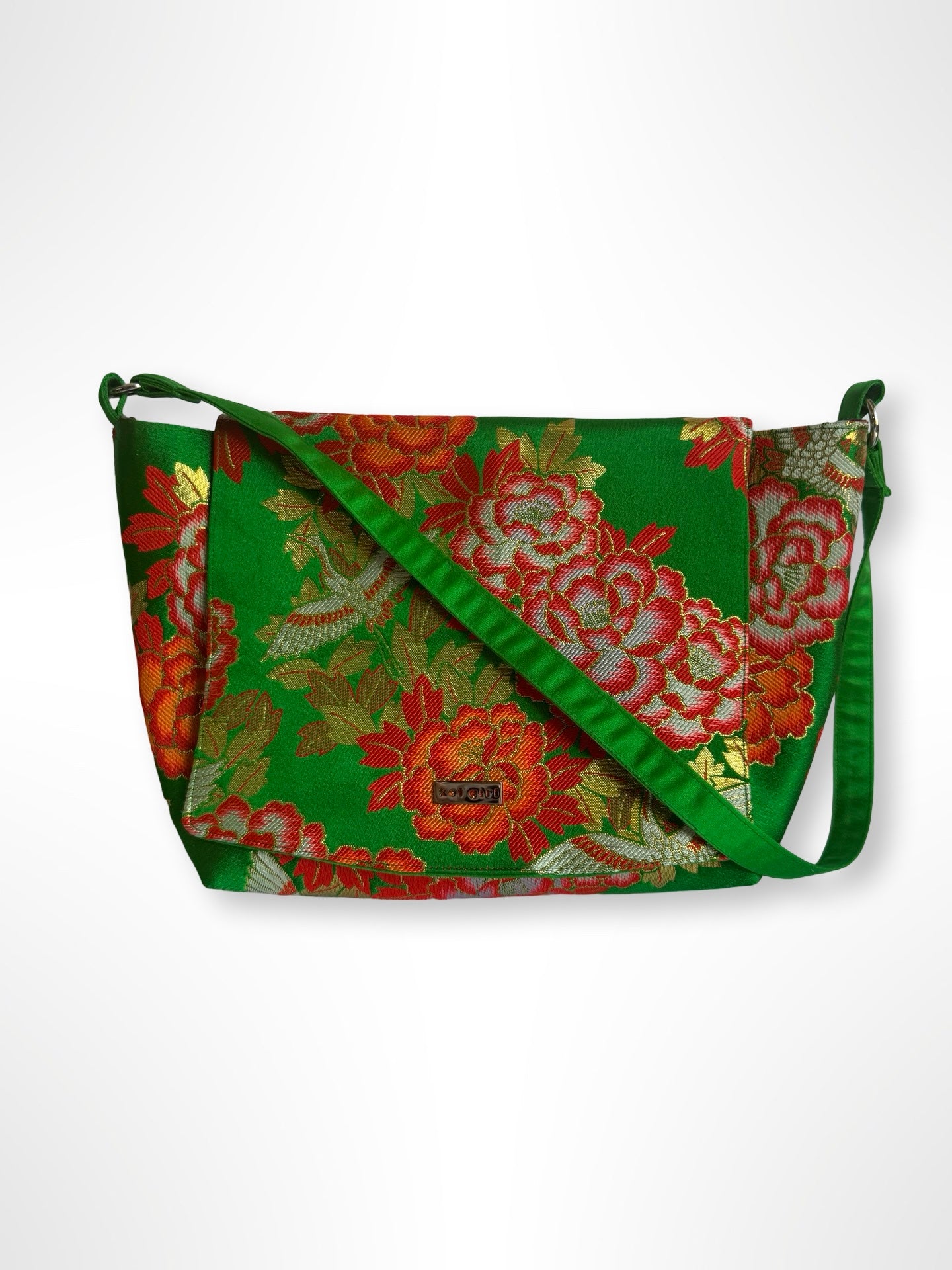 Emerald Green with Peonies Shoulder Bag