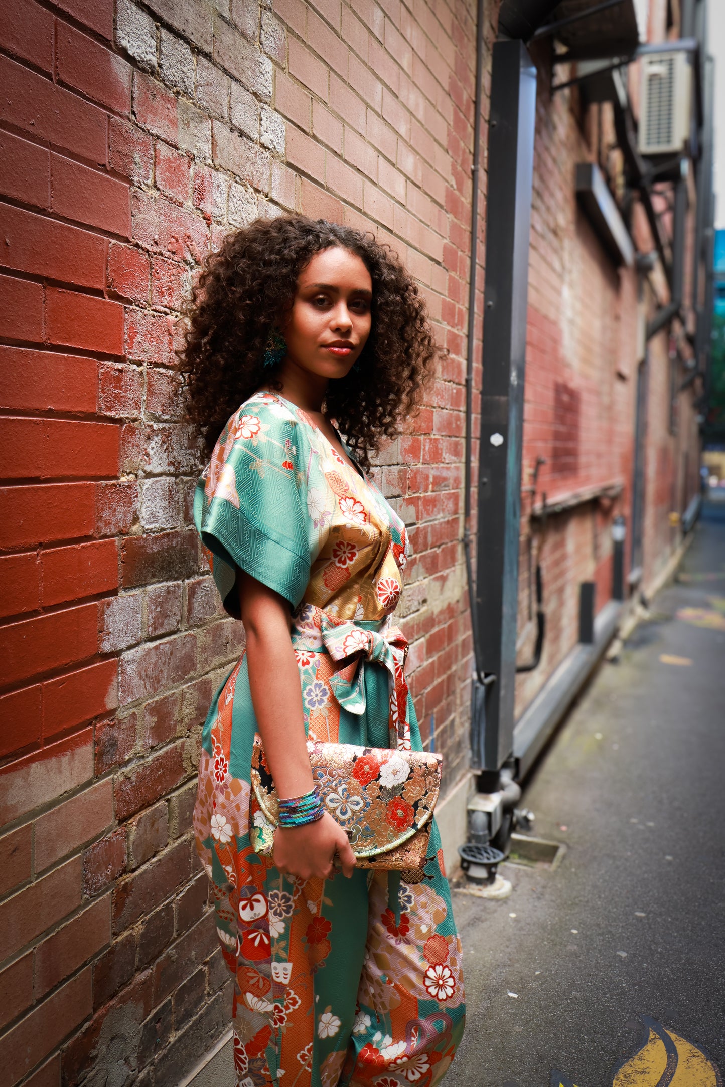 Aqua and Gold Blossoms Kimono Jumpsuit