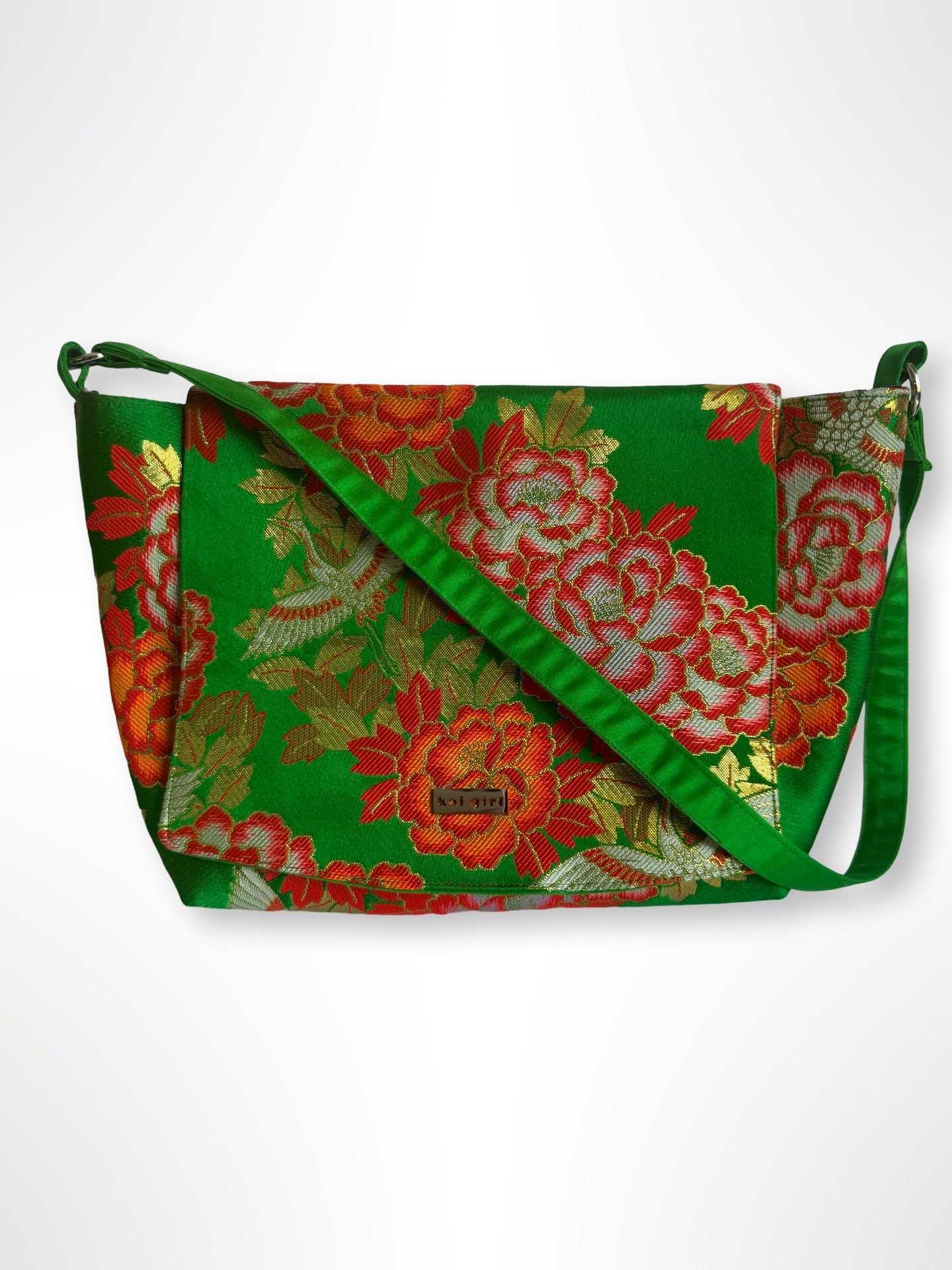 Emerald Green with Peonies Shoulder Bag