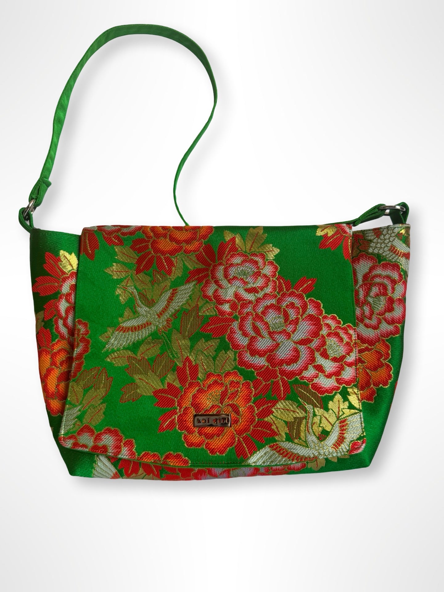 Emerald Green with Peonies Shoulder Bag