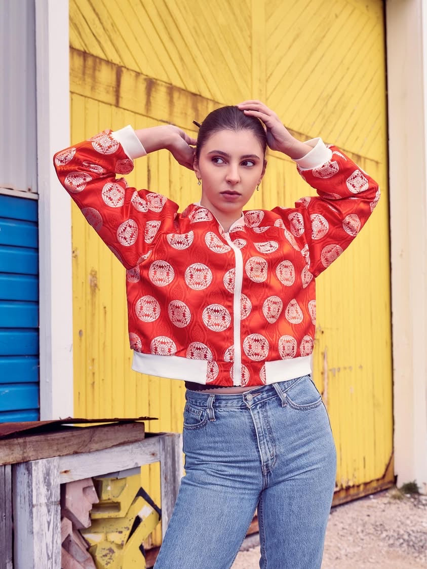 Orange Floral Crests Crop Bomber Jacket