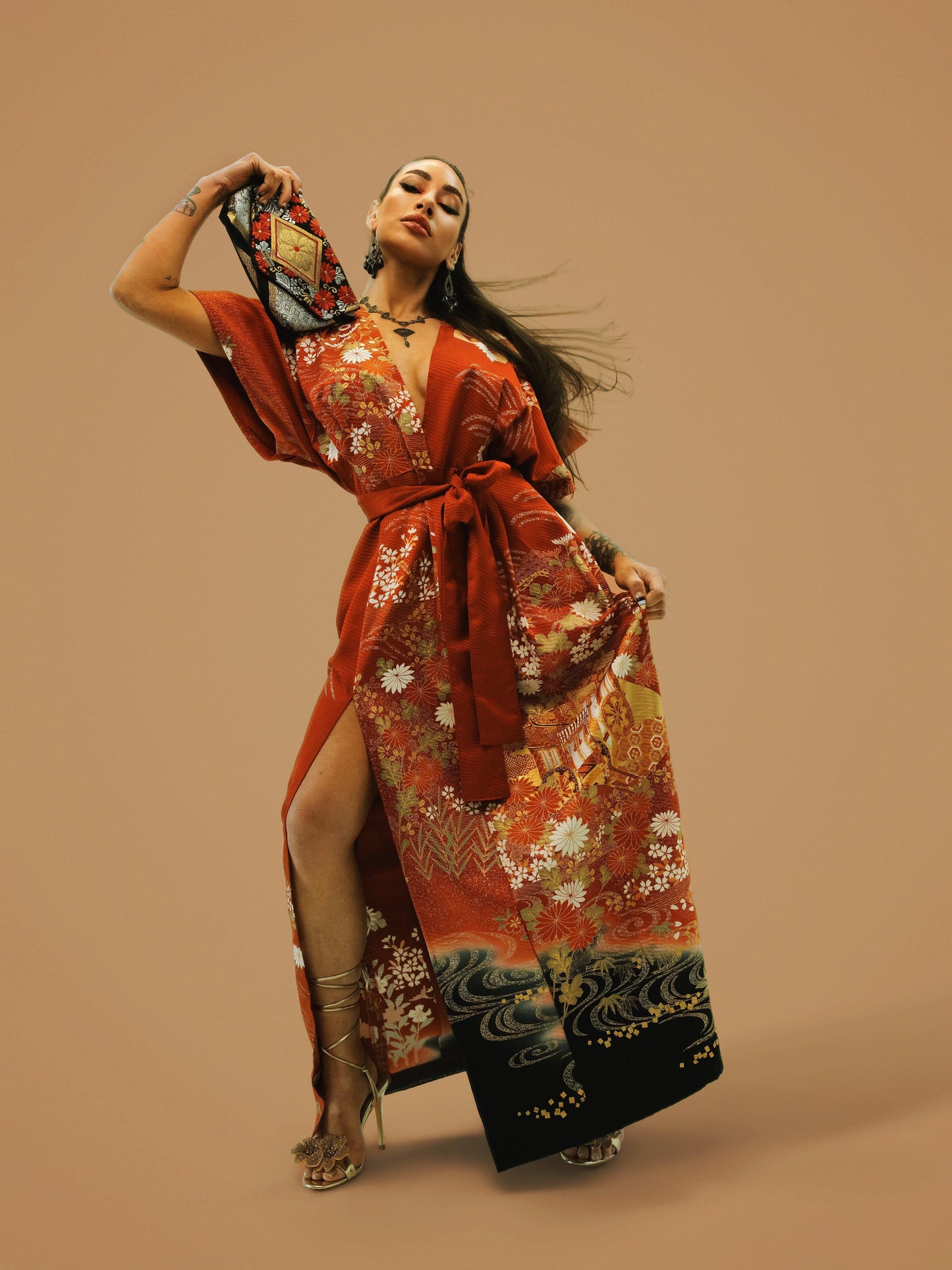 Burnt Red Floral Vintage Kimono Dress
