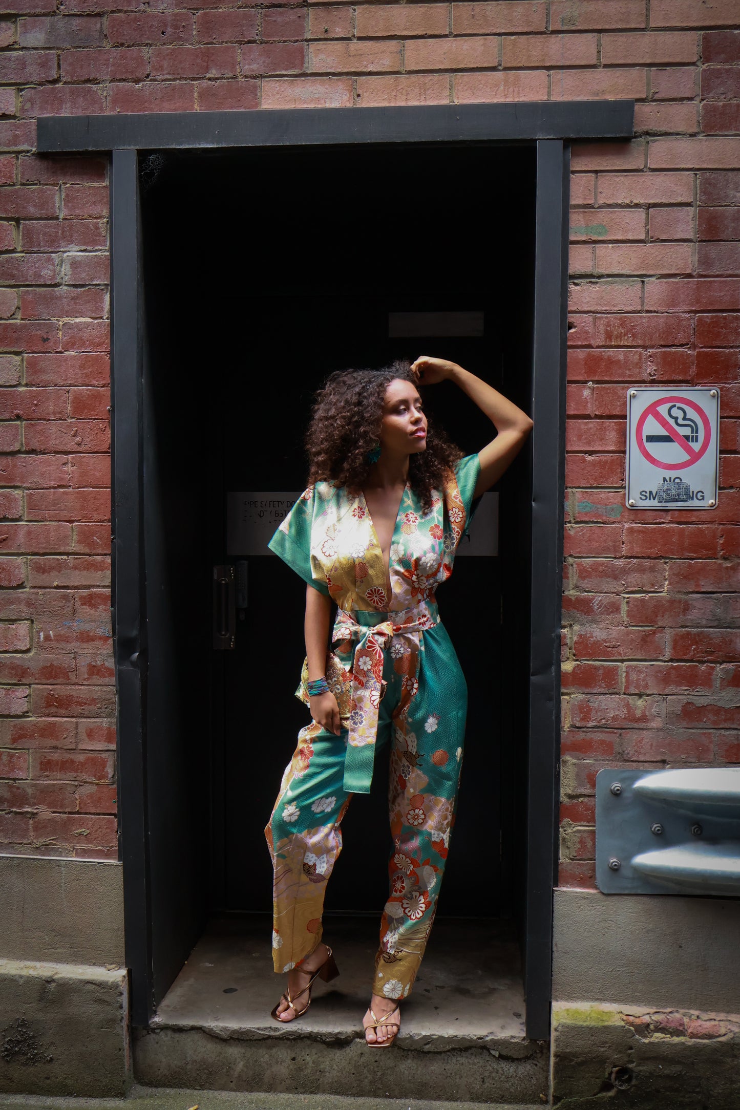 Aqua and Gold Blossoms Kimono Jumpsuit