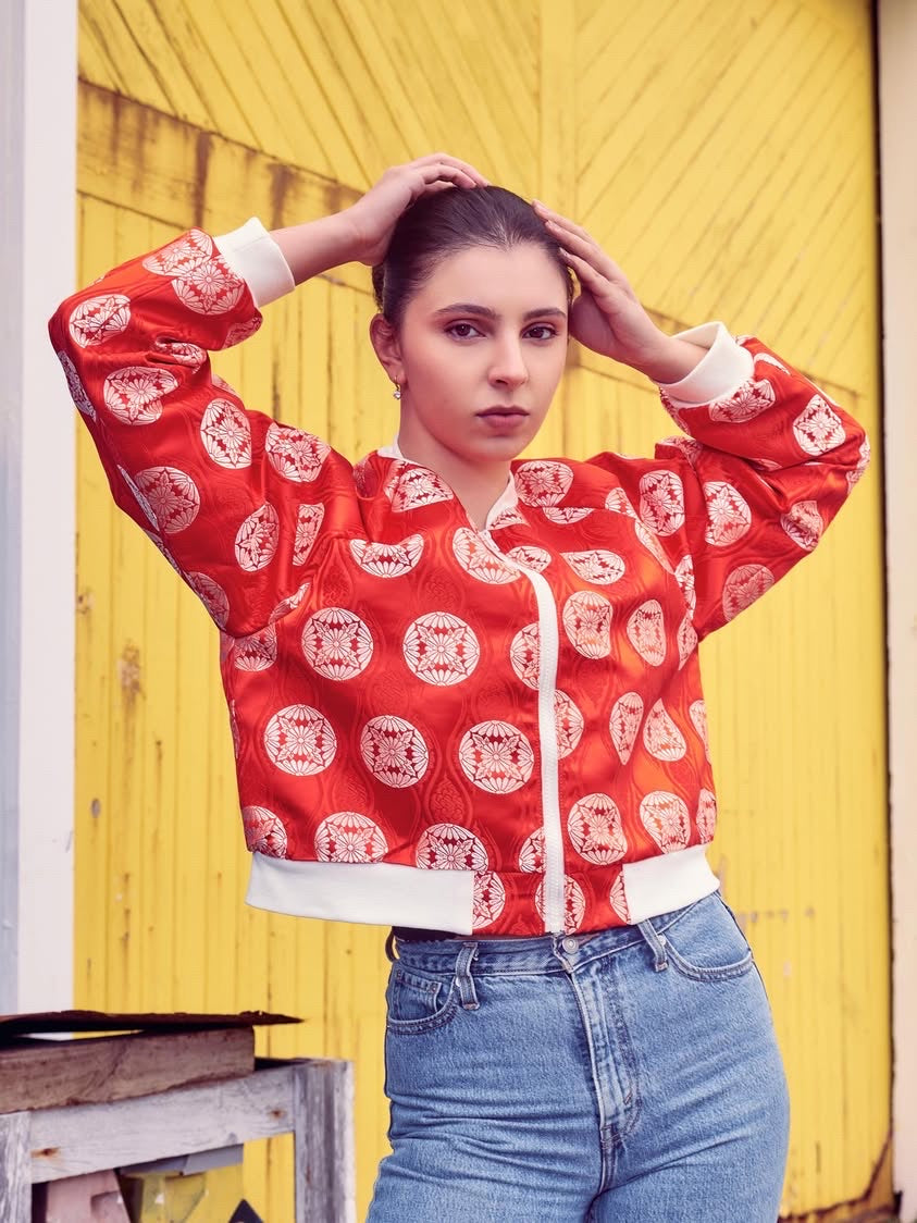 Orange Floral Crests Crop Bomber Jacket