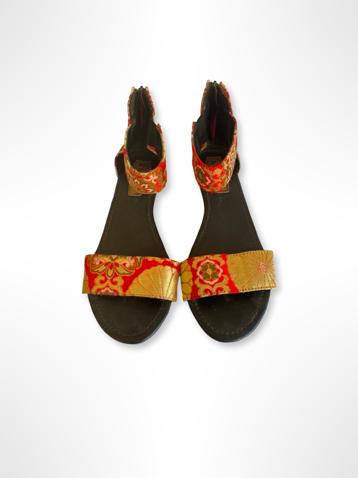 Red and Metallic Gold Floral Wedge Sandals