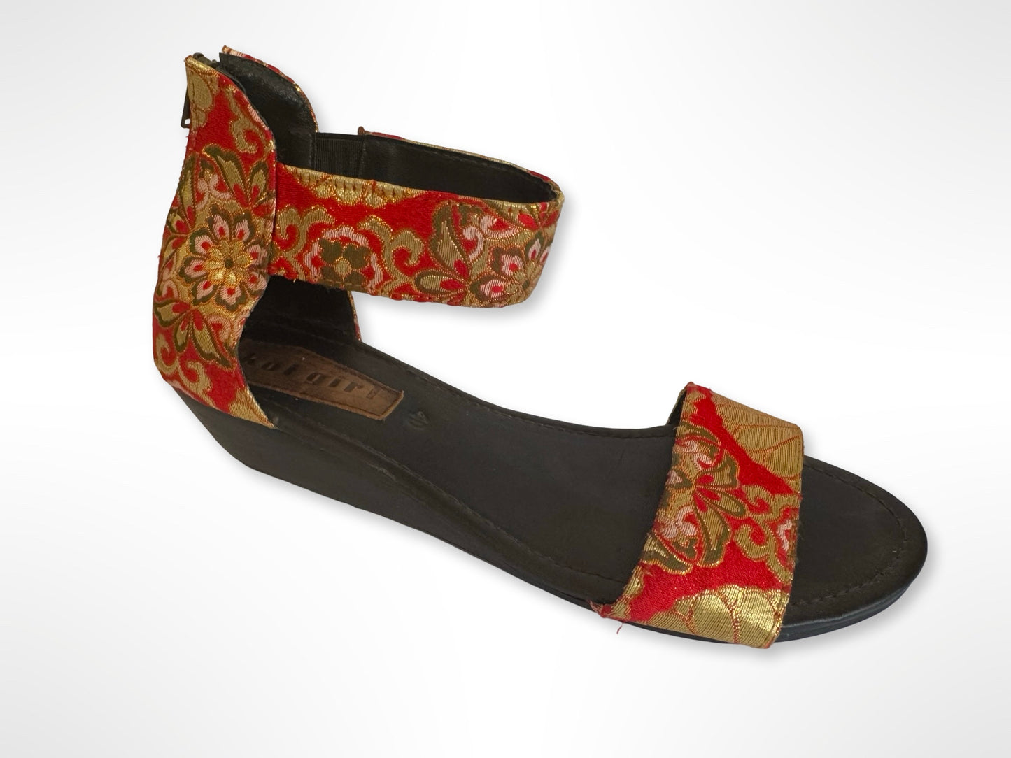 Red and Metallic Gold Floral Wedge Sandals