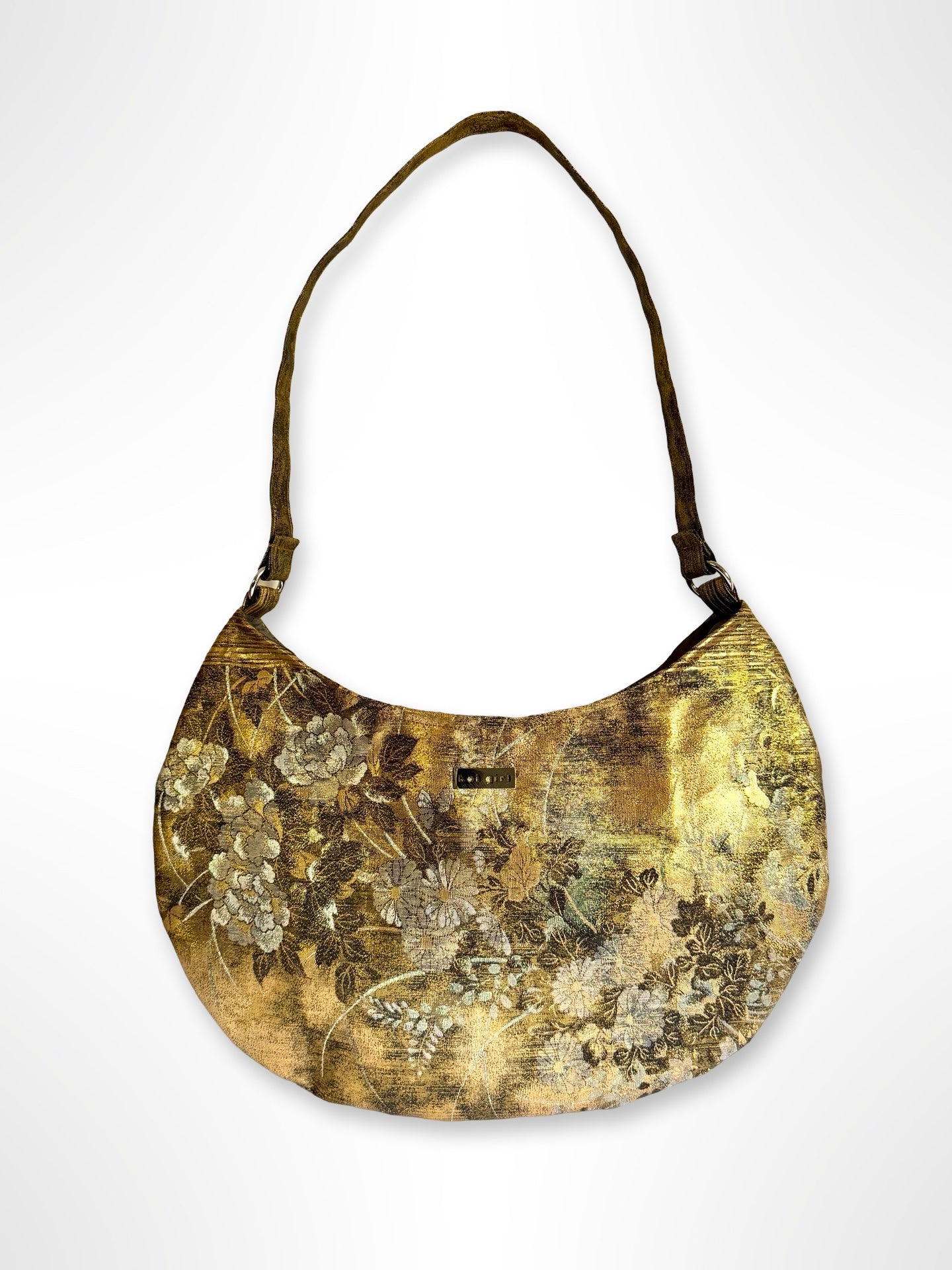 Black and Gold Floral Crescent Shoulder Bag