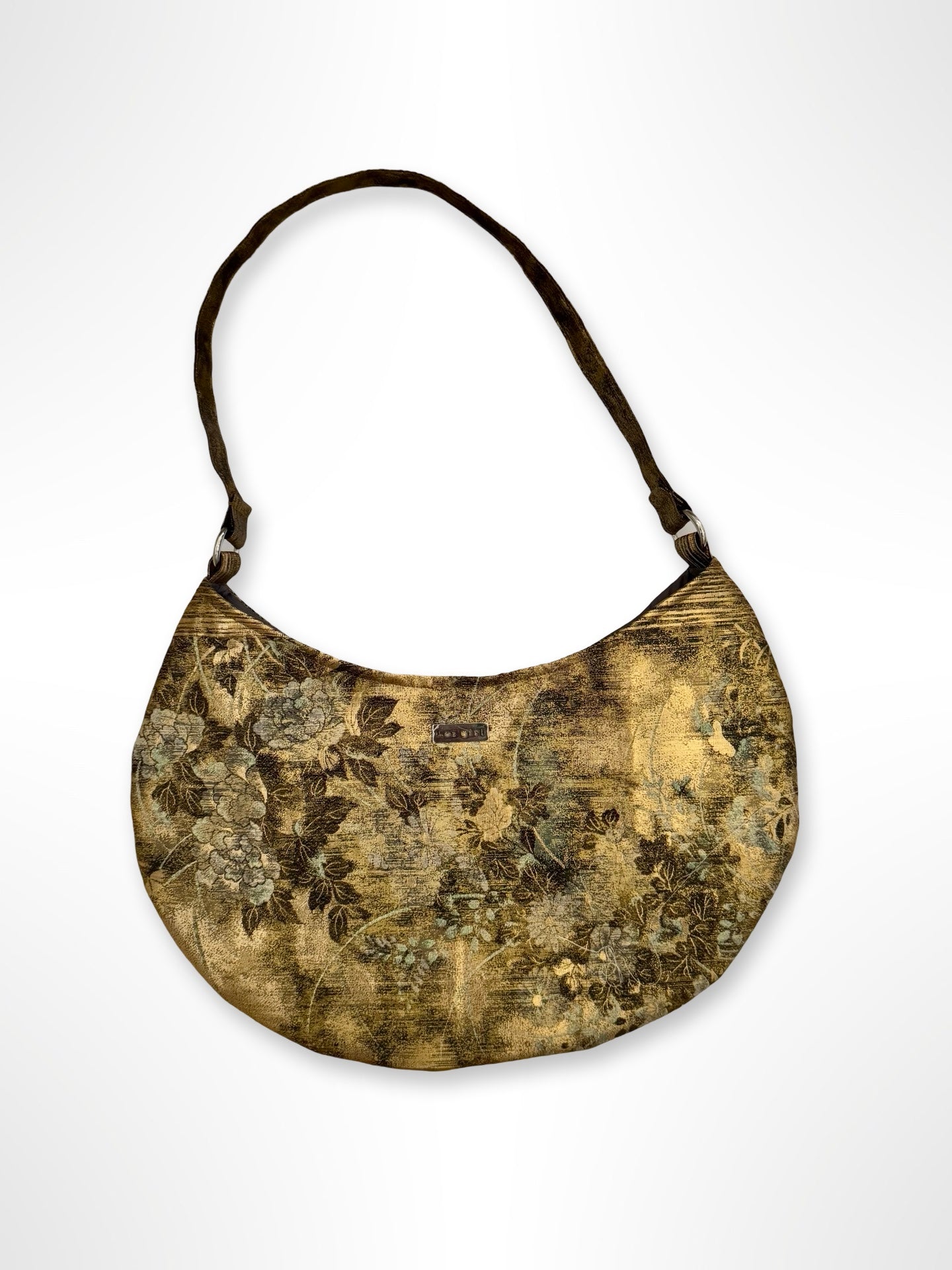 Black and Gold Floral Crescent Shoulder Bag