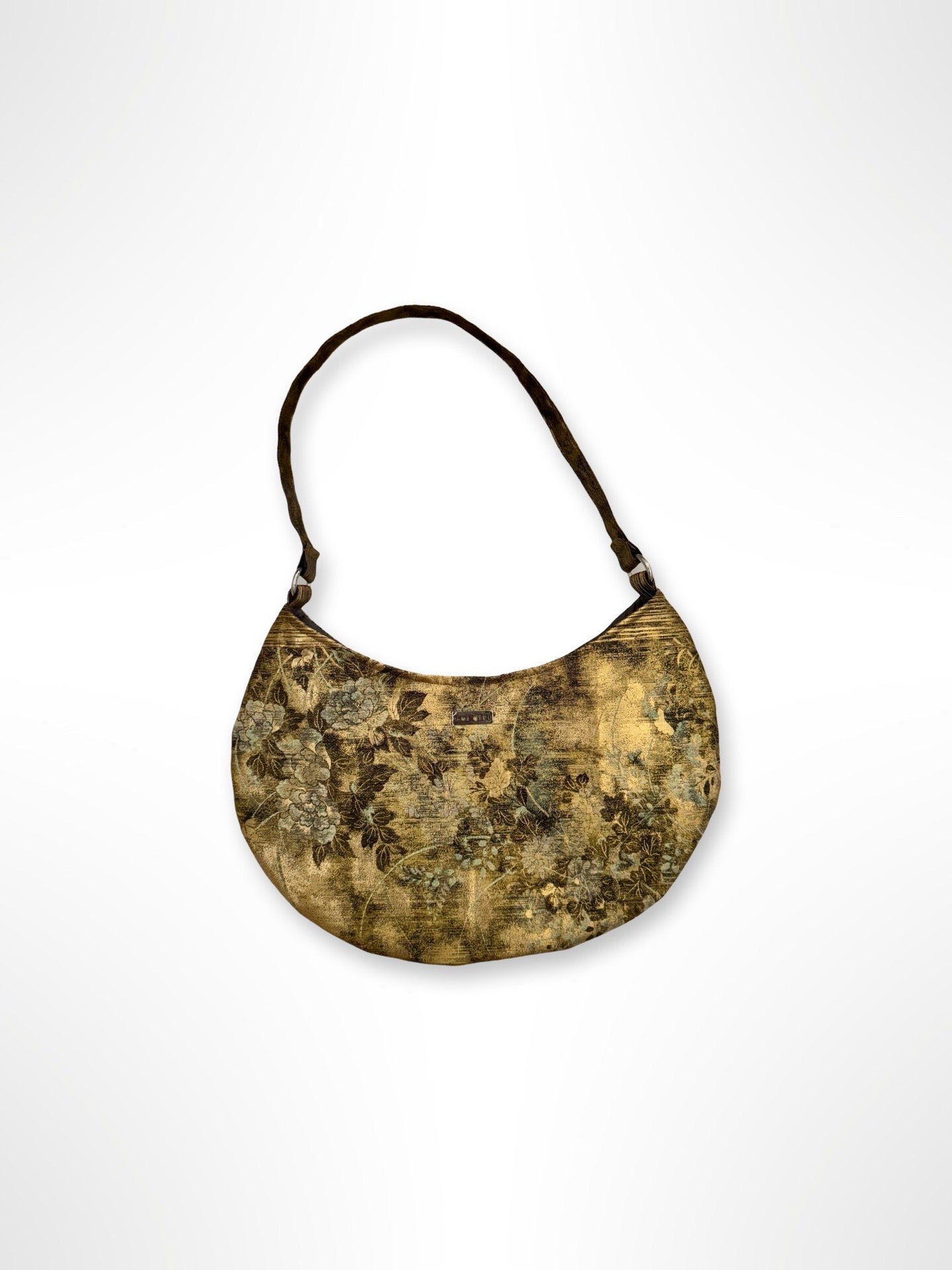 Black and Gold Floral Crescent Shoulder Bag