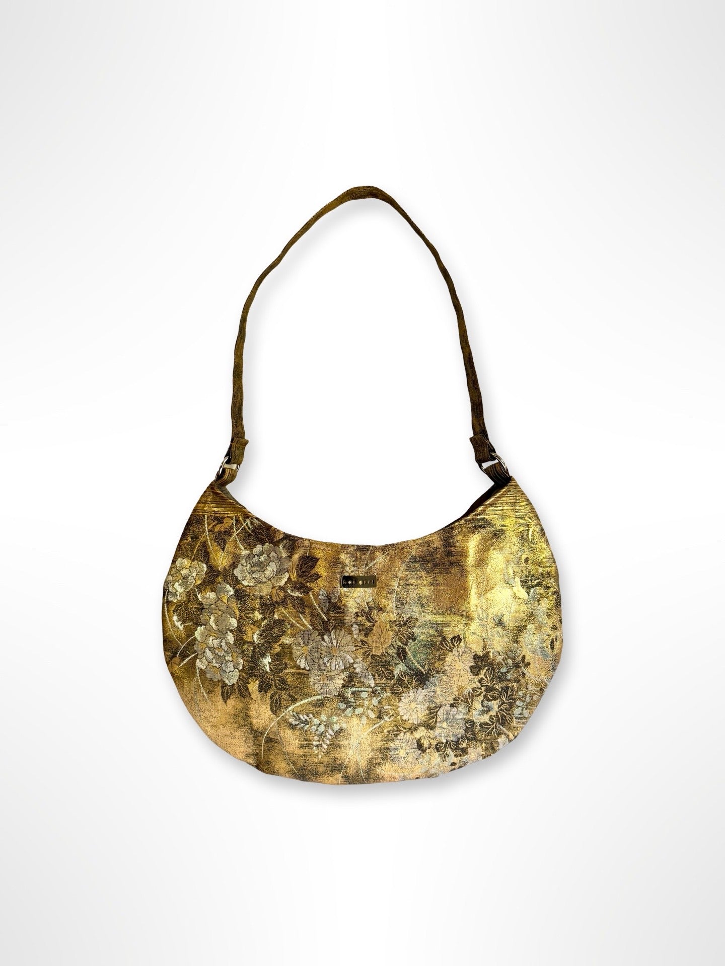 Black and Gold Floral Crescent Shoulder Bag