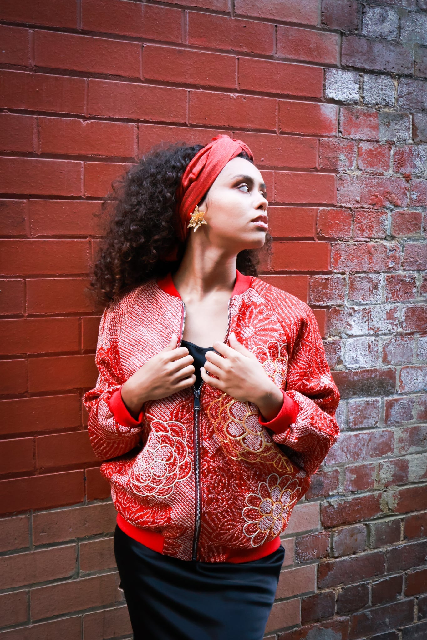 Red Shibori Floral Bomber Jacket