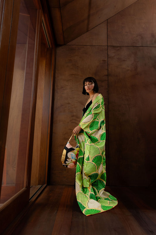 Lotus Leaves Vintage Silk Furisode Kimono