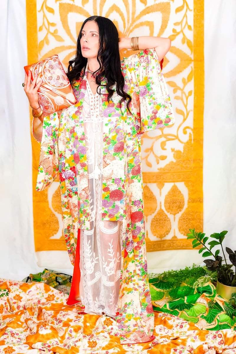 Orange and Yellow Floral Vintage Kimono