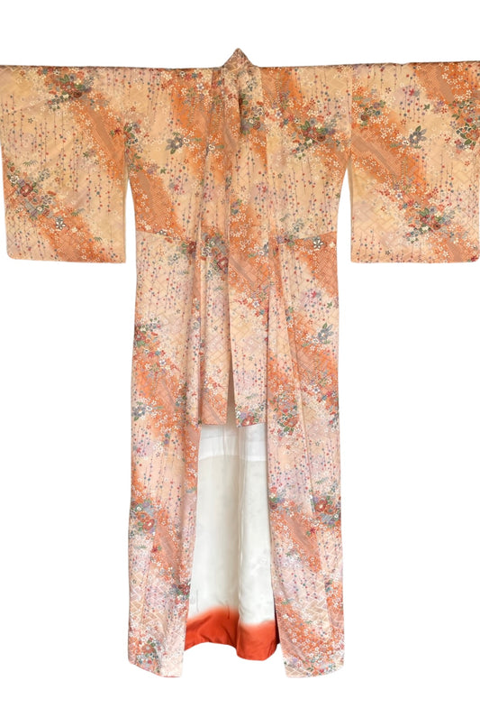 Light Tan and Orange with Metallic Floral Vintage Silk Kimono