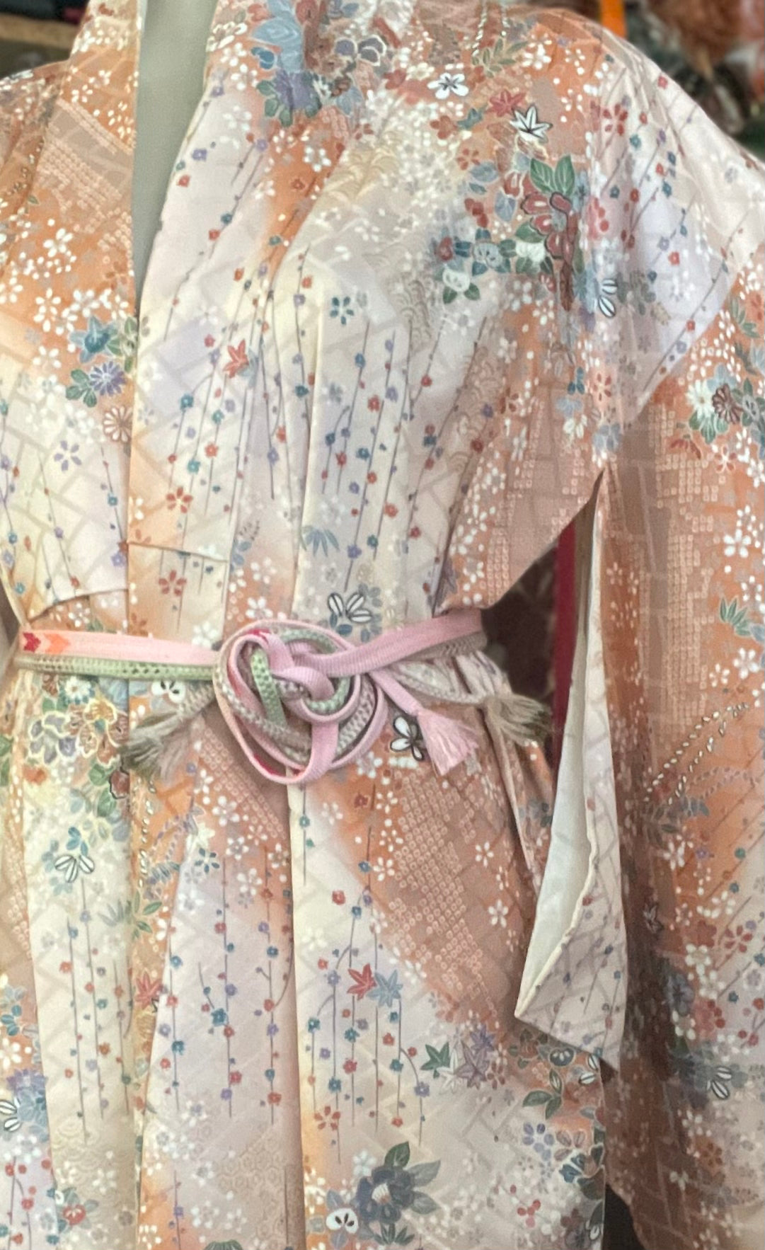 Light Tan and Orange with Metallic Floral Vintage Silk Kimono