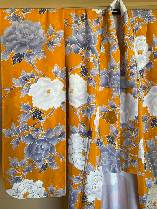Burnt Yellow Vintage Furisode Kimono with Peonies