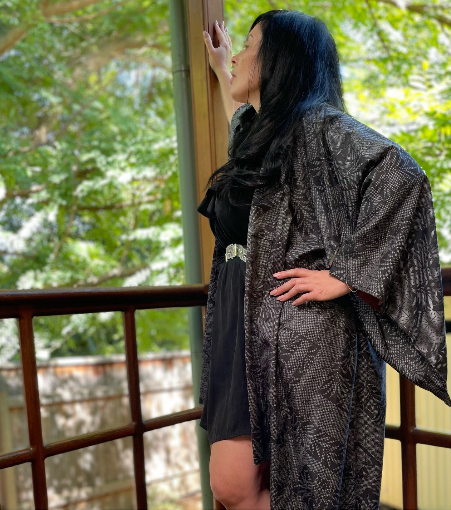 Black Vintage Silk Hemp Leaf Komon Kimono