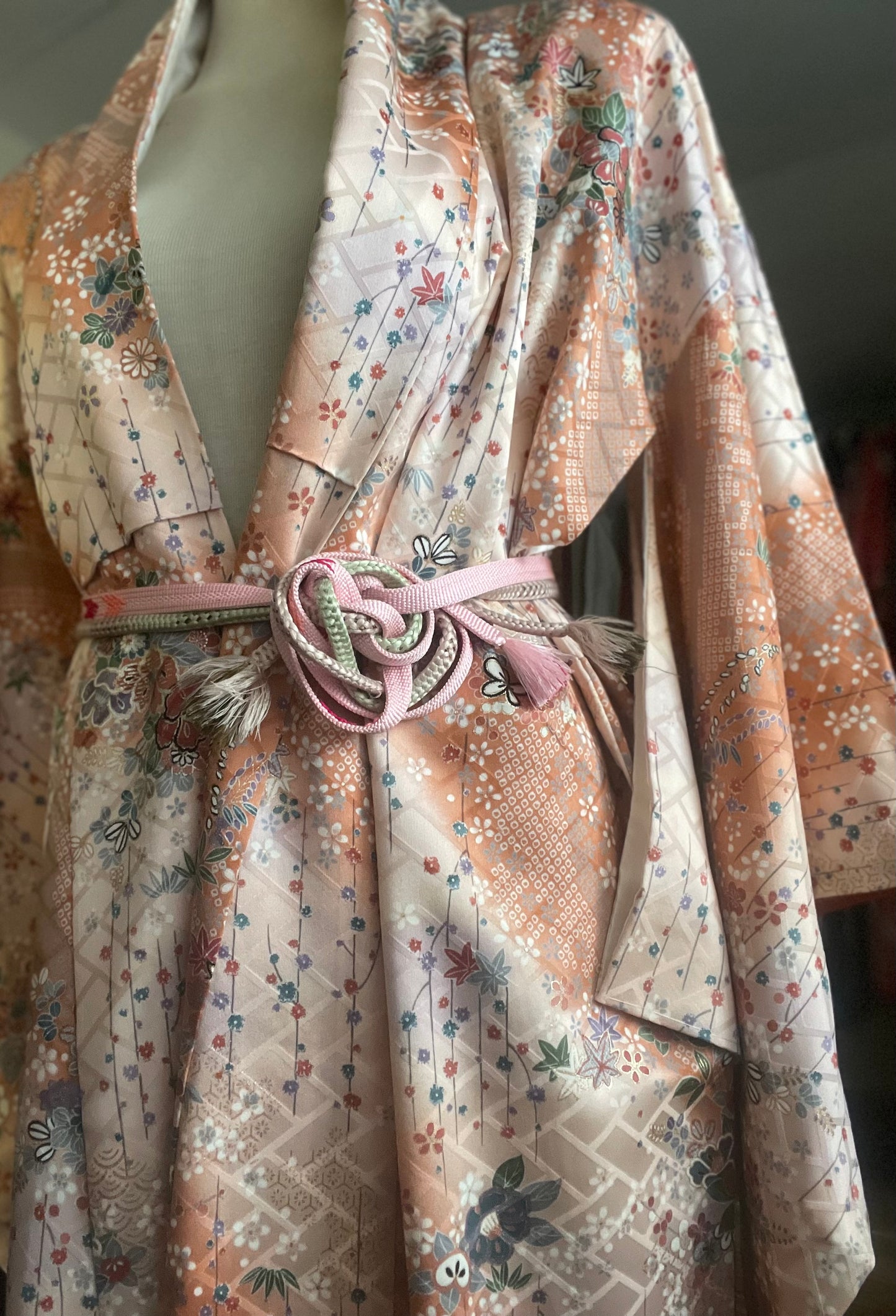 Light Tan and Orange with Metallic Floral Vintage Silk Kimono