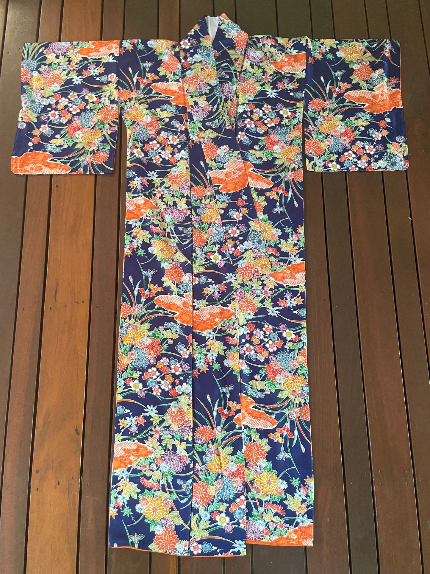 Blue and Orange Japanese Floral Vintage Kimono