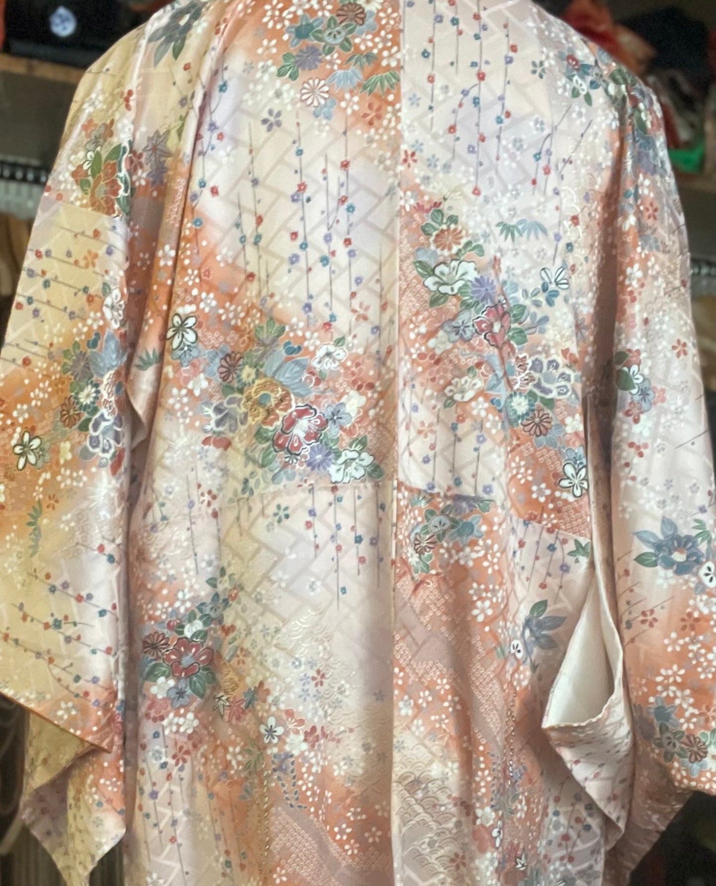 Light Tan and Orange with Metallic Floral Vintage Silk Kimono